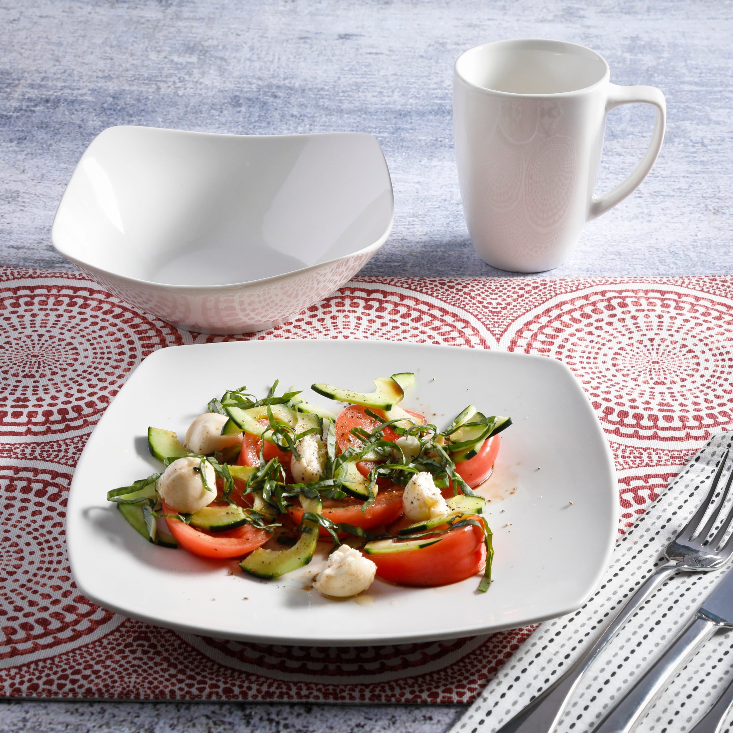 Gibson Home Zen Buffet 12-Piece Porcelain Dinnerware Set, Square Plates & Bowls & Mugs, Service for 4, White - Image 4