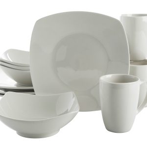 Gibson Home Zen Buffet 12-Piece Porcelain Dinnerware Set, Square Plates & Bowls & Mugs, Service for 4, White