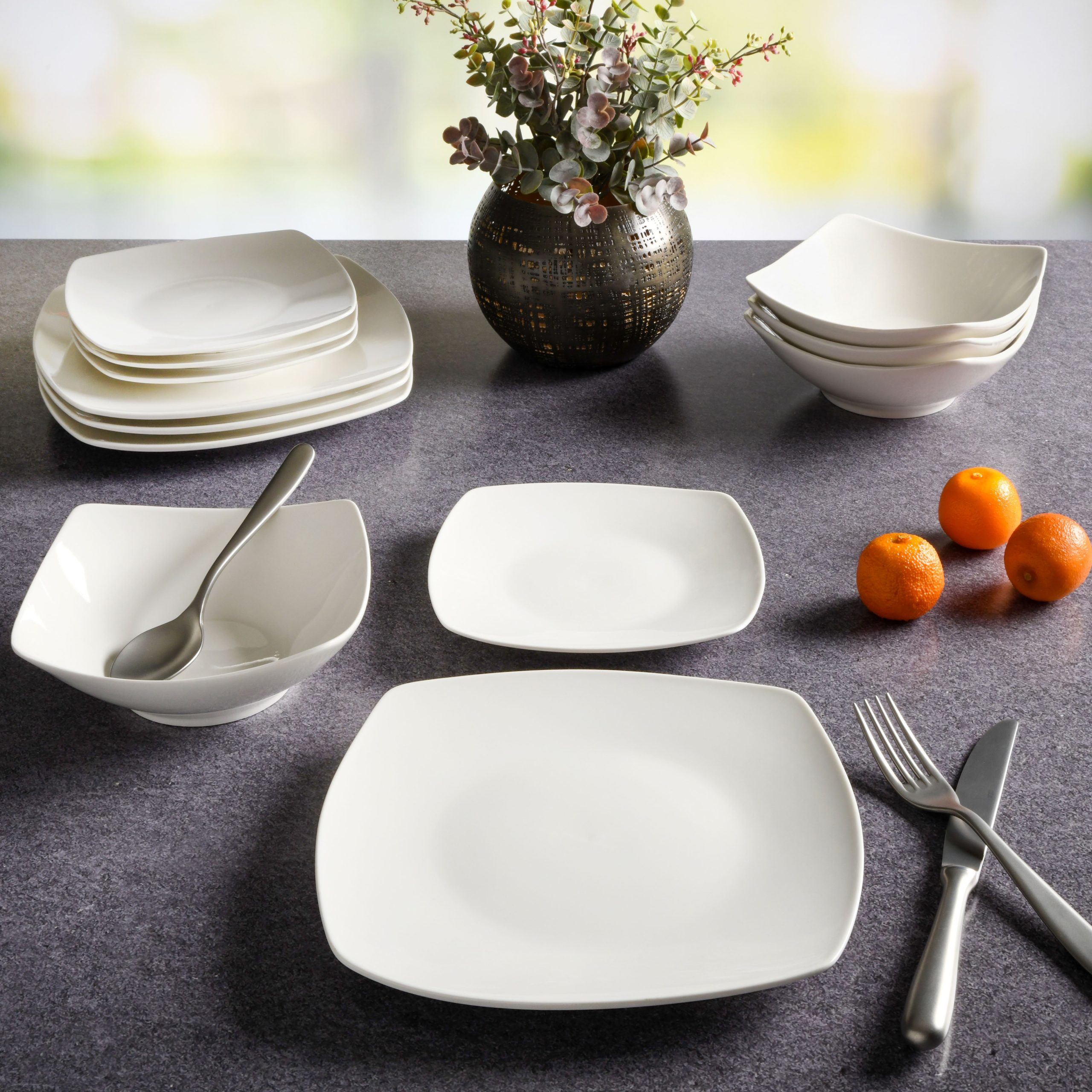 Gibson Home Everyday Square 12-Piece Fine Ceramic Dinnerware Set - Image 3