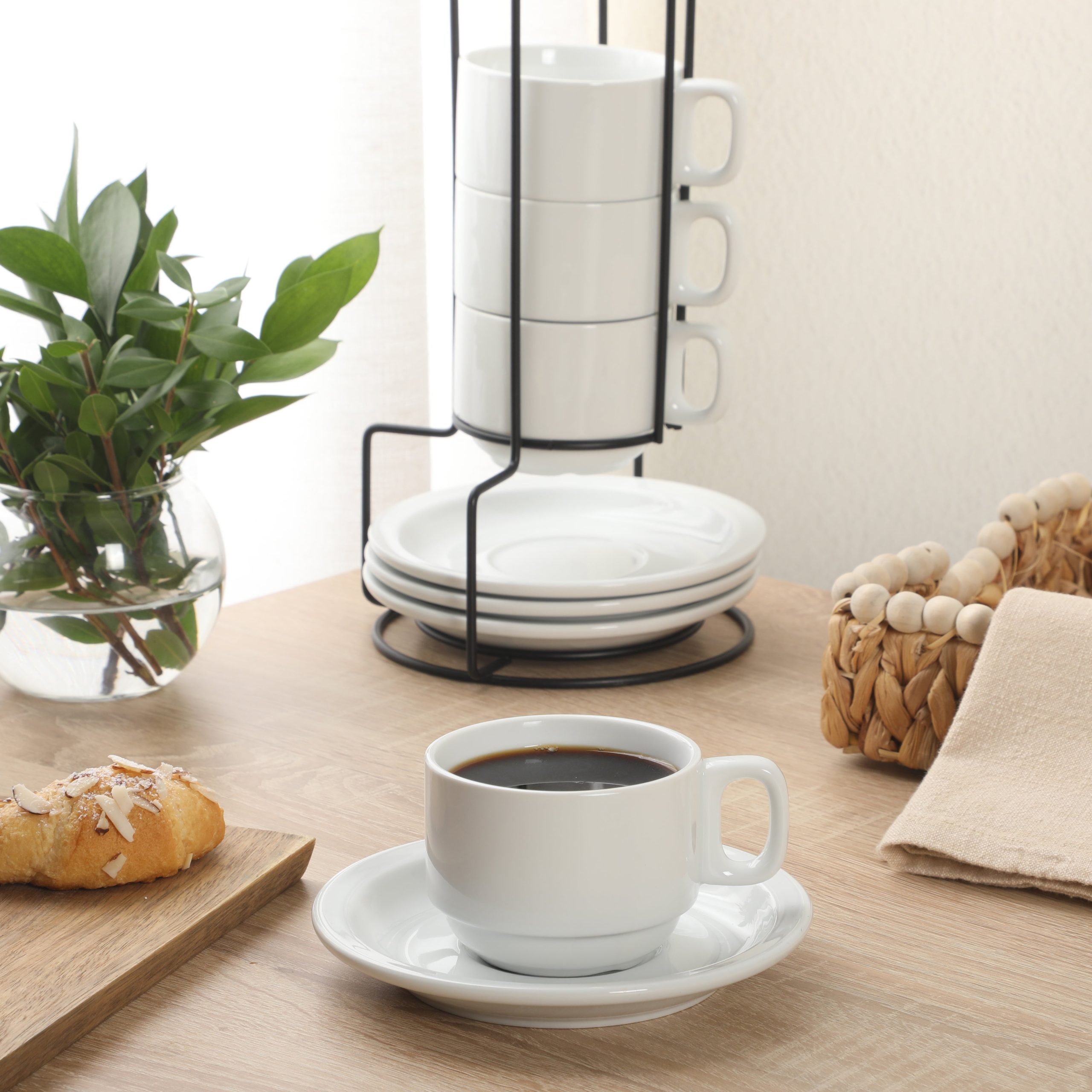 Gibson Home Gracious Dining 7-Ounce Cappuccino Cups Set of 4, Stackable Coffee Cups with 4 Saucers, Metal Stand, Coffee Mugs for Latte, Café, Mocha, Tea - Image 3