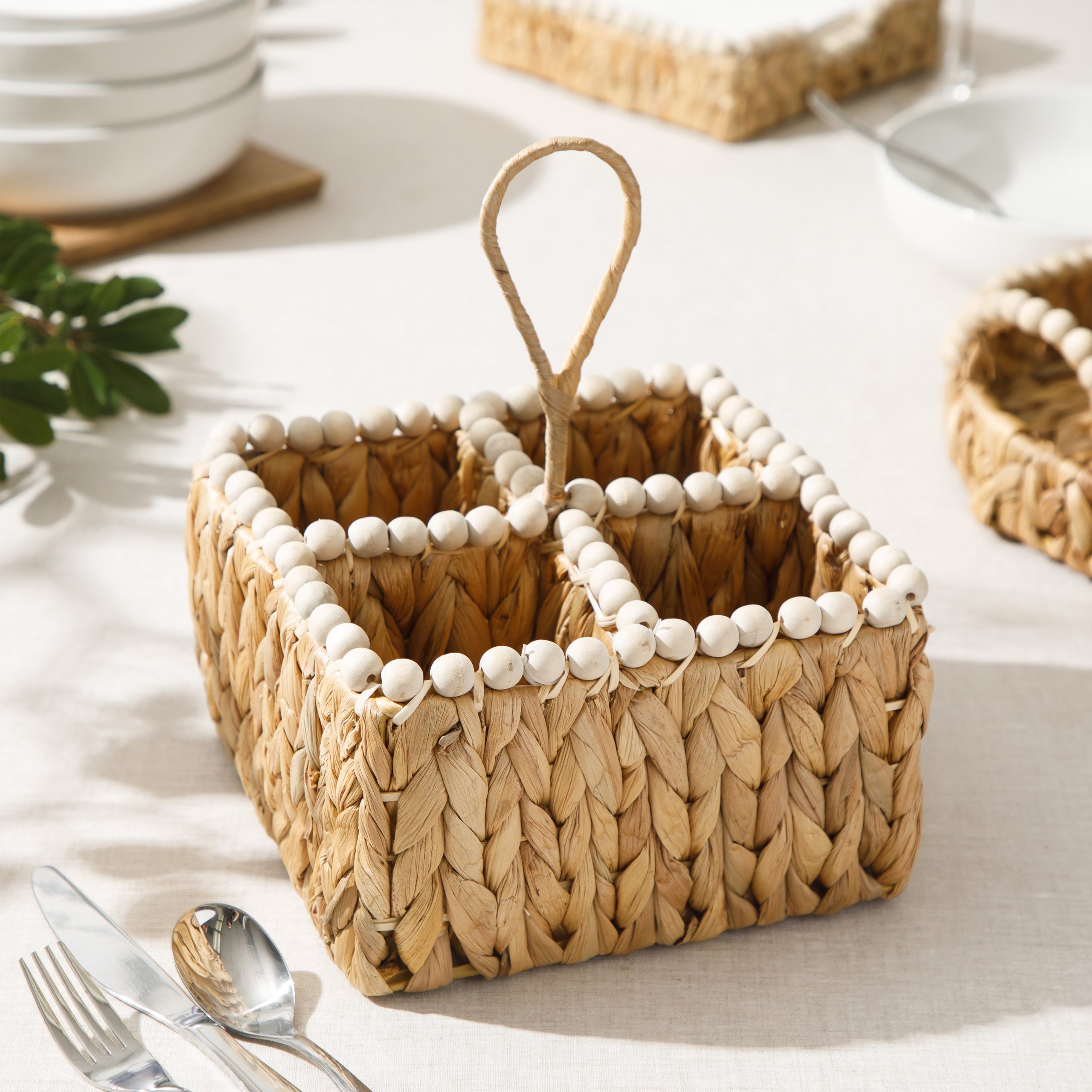 Gibson Home Riverrun Grove Woven Utensil Caddy with 4 Compartments, Natural Hand-Braided Water Hyacinth Basket with Wood-Bead Trim for Napkins, Cutlery, Condiments & Tabletop Storage - Image 3