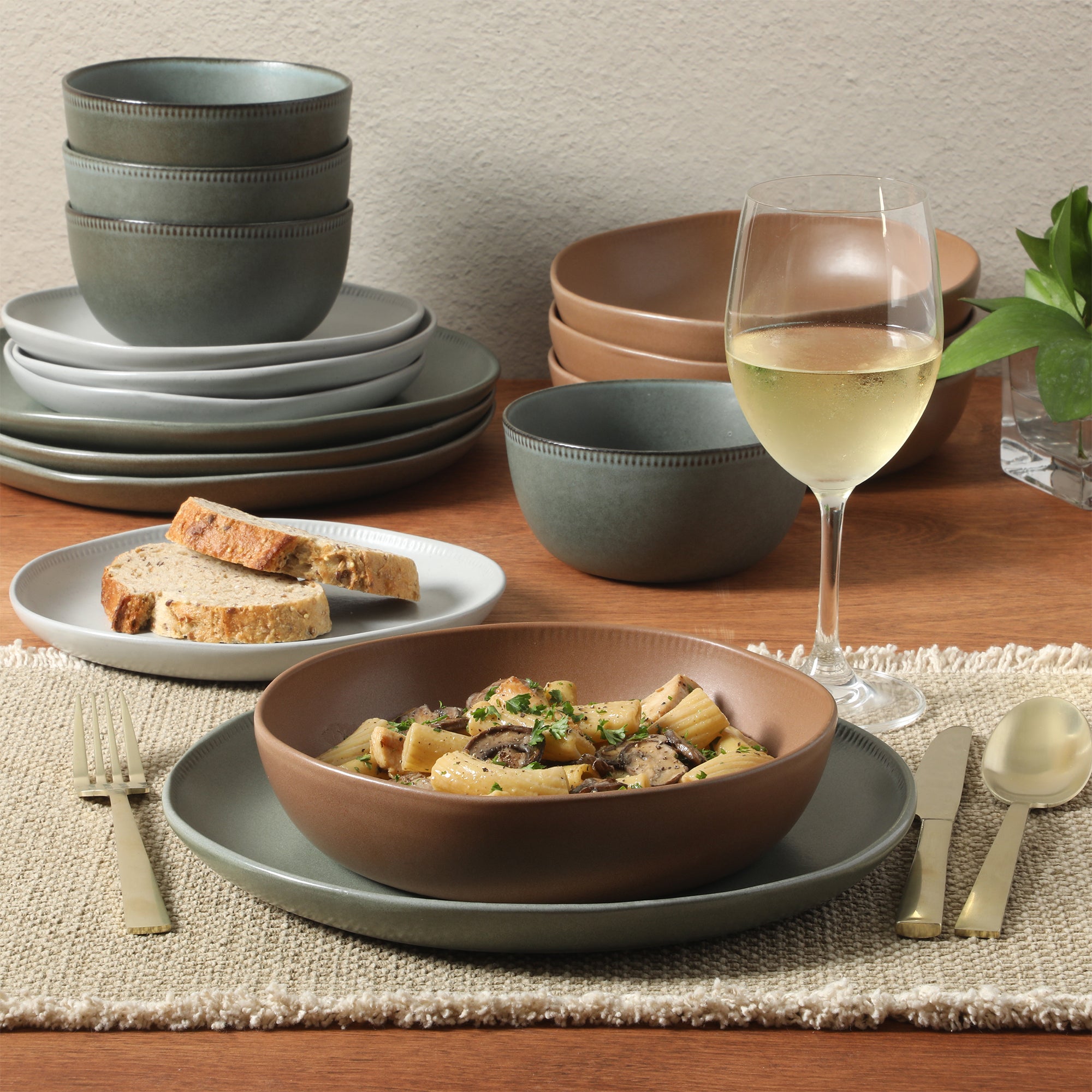 Gibson Elite Menlo Park 16-Piece Pottery Clay Stoneware Dinnerware Set – Reactive Glaze, Embossed Plates and Bowls W/ Pasta Bowl, Service for 4 – Microwave & Dishwasher Safe - Image 12