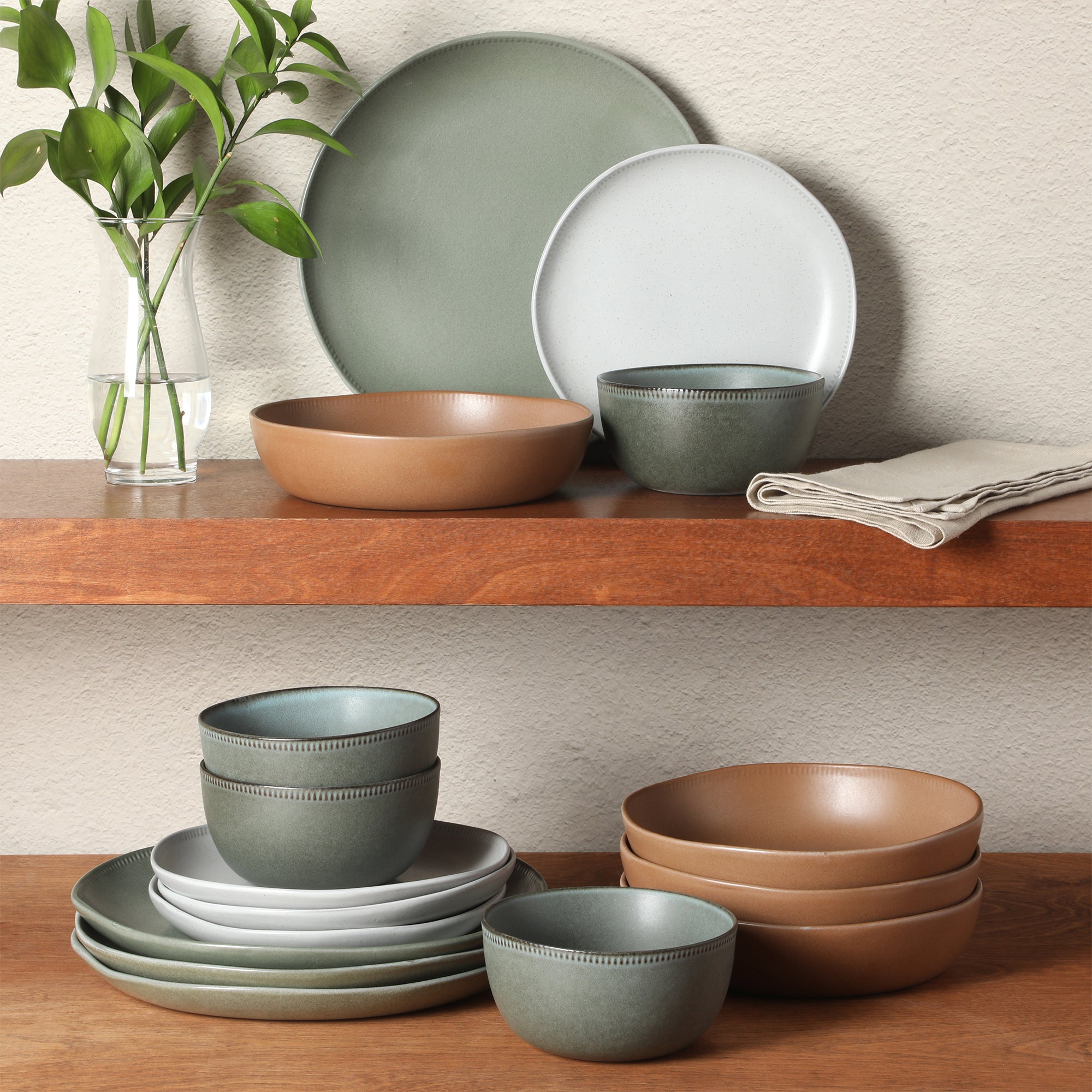 Gibson Elite Menlo Park 16-Piece Pottery Clay Stoneware Dinnerware Set – Reactive Glaze, Embossed Plates and Bowls W/ Pasta Bowl, Service for 4 – Microwave & Dishwasher Safe - Image 13
