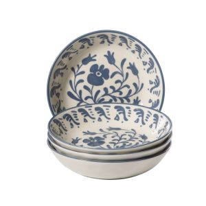 Bloomhouse - 2-Time Oprah’s Favorite Things - Valencia Flor 4 Piece Dinner Bowl Set, 8” Stoneware Pasta Bowls, Mediterranean Floral Decal Design, Microwave & Dishwasher Safe