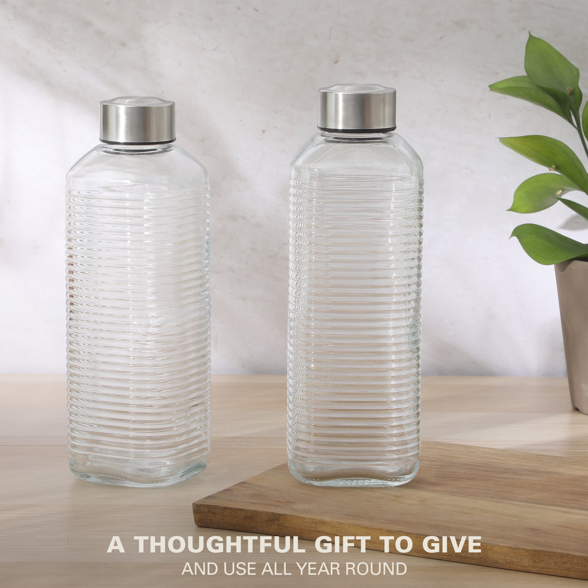Gibson Home Aspen Heights 2 Piece Large Embossed Reusable Glassed Bottles W/ Airtight Leakproof Stainless Steel Lid, Pitcher for Water, Milk, Juice - Dishwasher Safe - Image 4