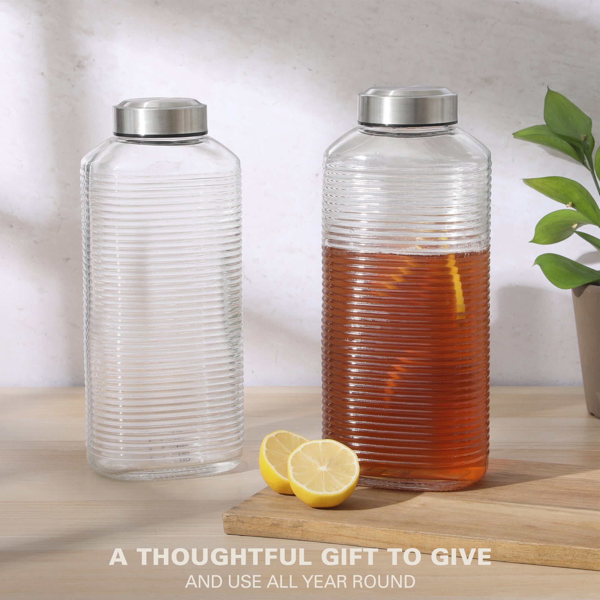 Gibson Home Aspen Heights 2 Piece Large Embossed Reusable Glassed Bottles W/ Airtight Leakproof Stainless Steel Lid, Pitcher for Water, Milk, Juice - Dishwasher Safe - Image 10