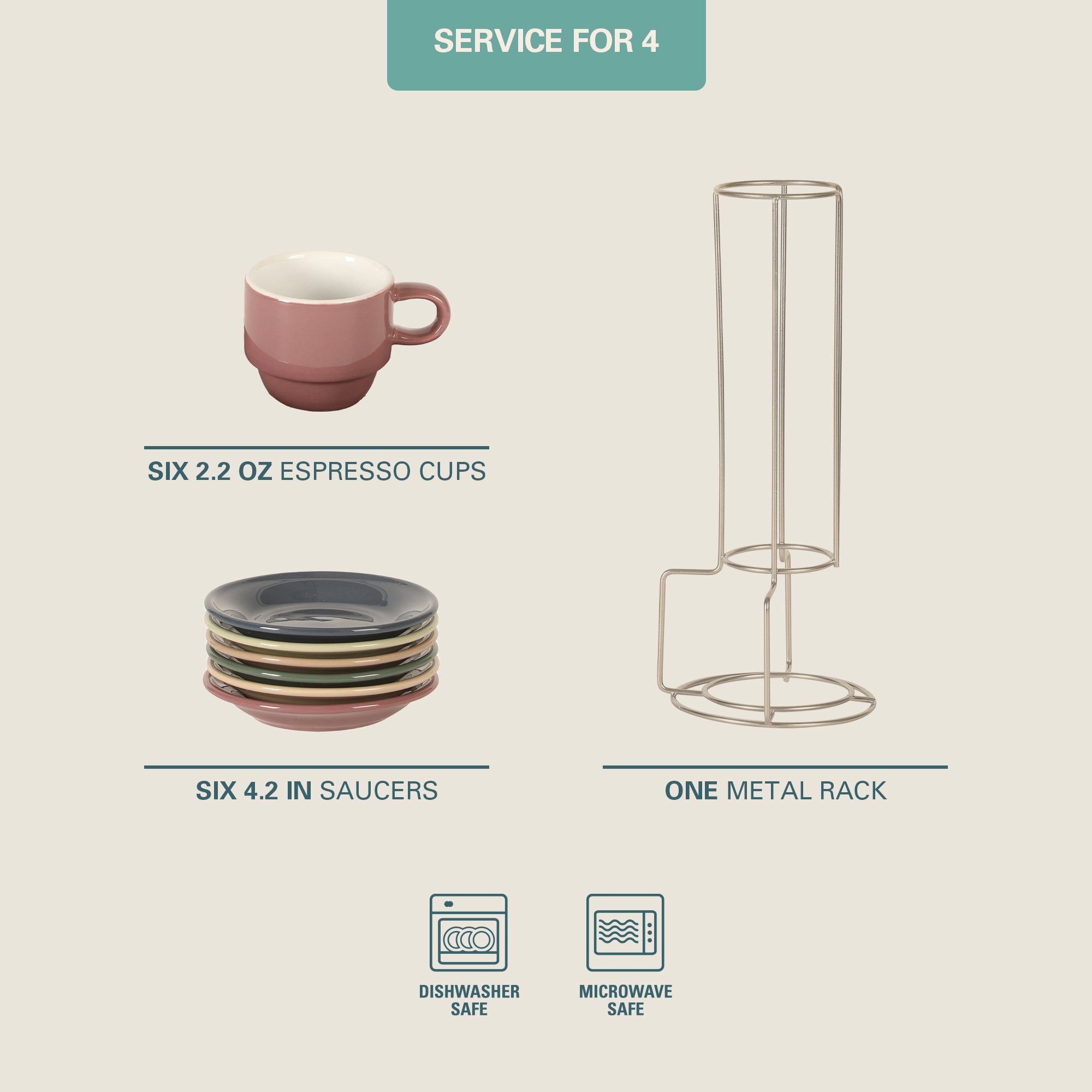 Gibson Home Brew Harmony 13 Piece Espresso Cup Set with Metal Rack, Stoneware Espresso Cups & Saucers, Solid Color Stackable Coffee Set, Café Style, Dishwasher & Microwave Safe - Image 4