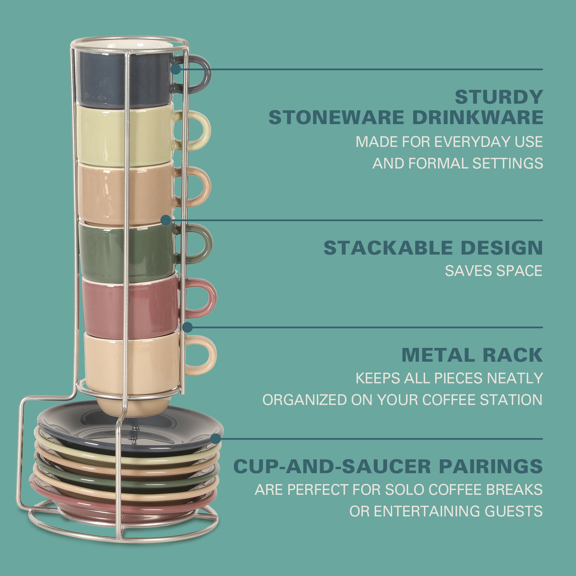 Gibson Home Brew Harmony 13 Piece Espresso Cup Set with Metal Rack, Stoneware Espresso Cups & Saucers, Solid Color Stackable Coffee Set, Café Style, Dishwasher & Microwave Safe - Image 3