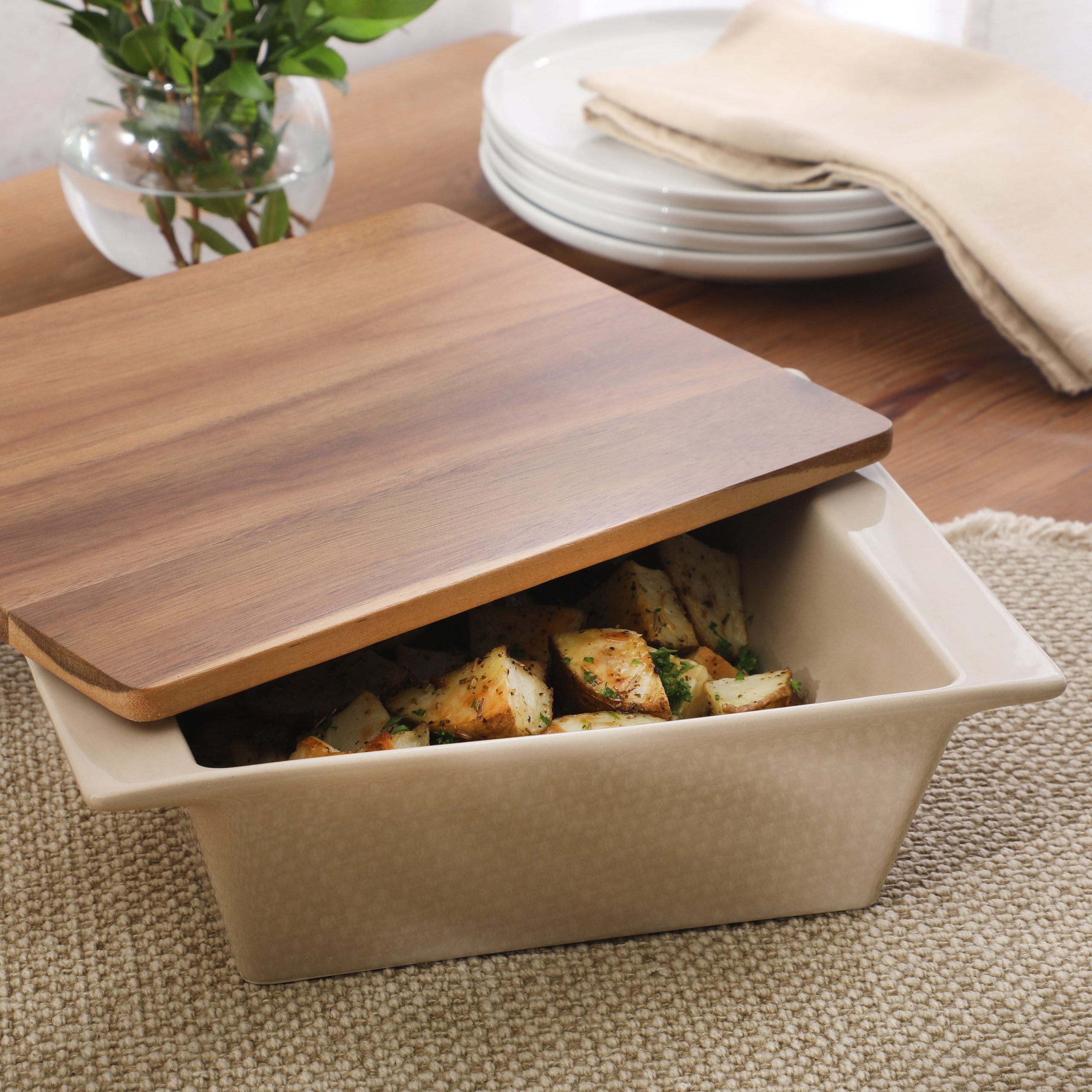 Gibson Elite 2-Quart 10" x 8.5" Stoneware Baking Dish with Acacia Wood Lid – Taupe Rectangular Oven Safe Baker for Casseroles, Roasting & Serving - Image 2