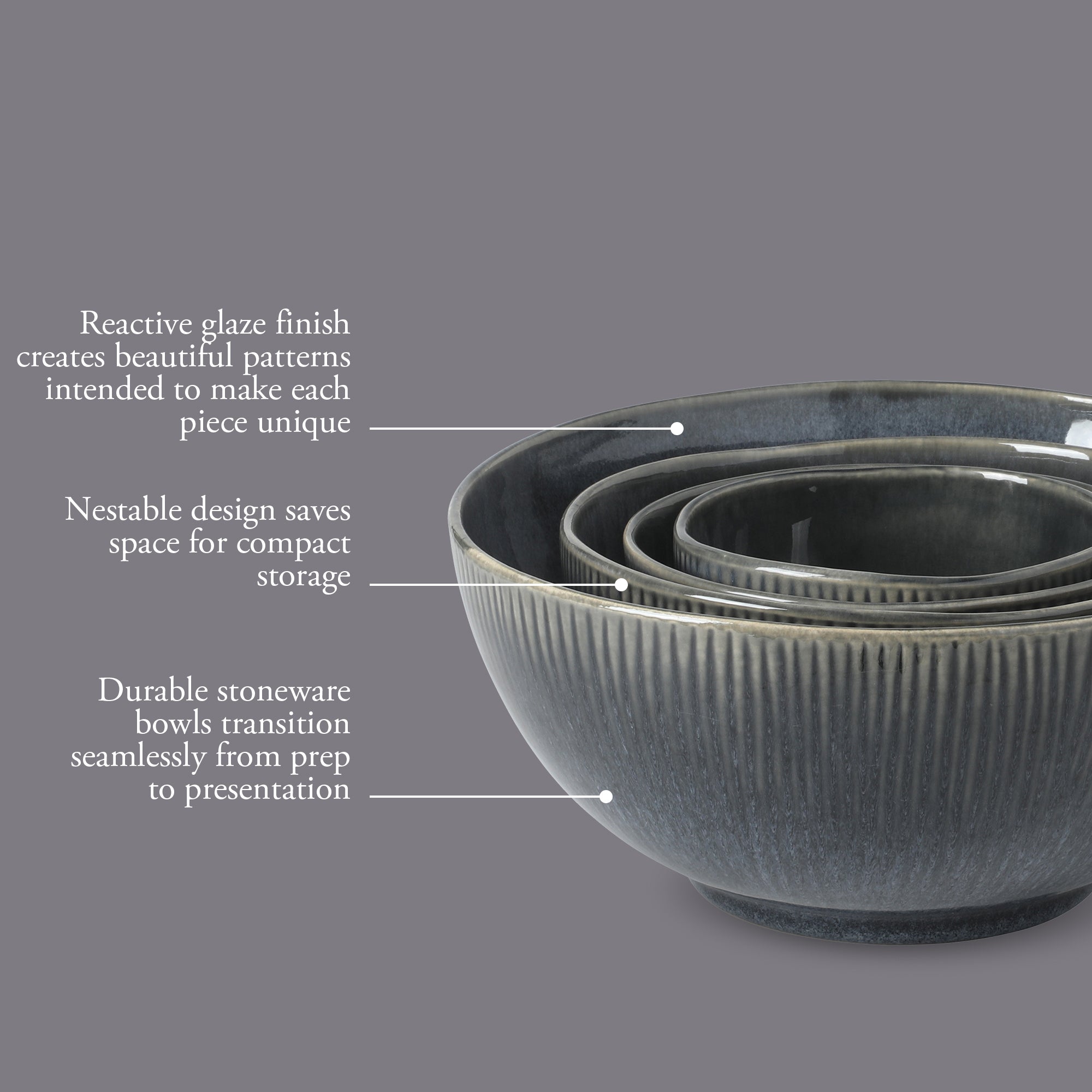 Gibson Elite Sandy Pines 4 Piece Nesting Bowl Set, 4”, 5.5”, 7” & 9” Round Stoneware Bowls, Reactive Glaze Finish, Mixing, Prep & Serving Bowls, Microwave & Dishwasher Safe - Image 4
