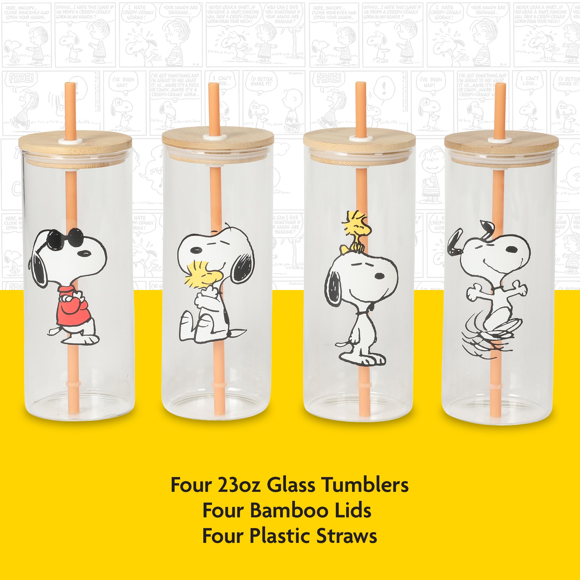 Peanuts Snoopy Happy Sips 4 Piece 23 OZ Tumbler Set with 4 Bamboo Lids and 4 Straws Set, Iced Coffe, Smoothie, Water Cup - Dishwasher Safe - Image 4