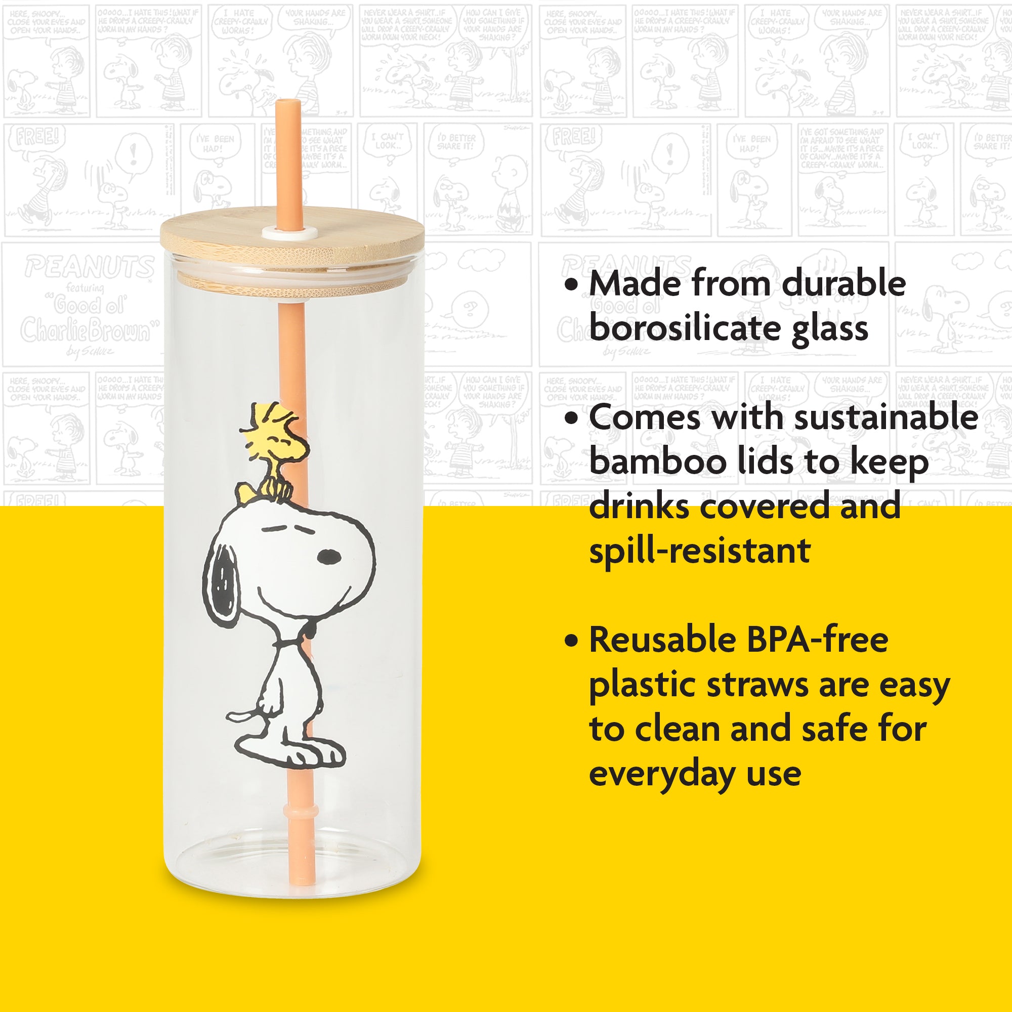 Peanuts Snoopy Happy Sips 4 Piece 23 OZ Tumbler Set with 4 Bamboo Lids and 4 Straws Set, Iced Coffe, Smoothie, Water Cup - Dishwasher Safe - Image 3