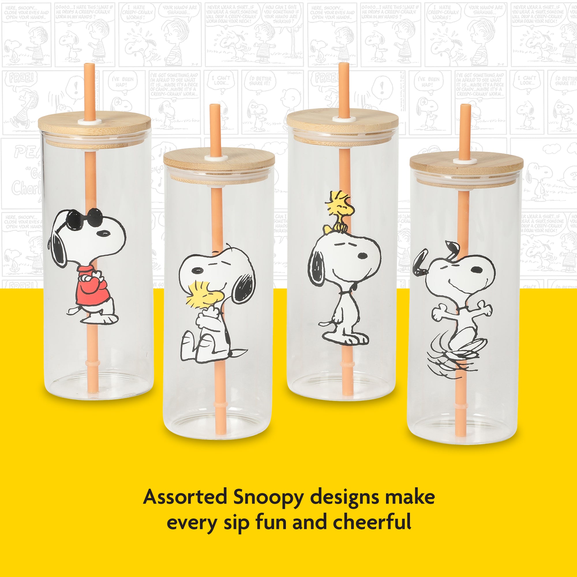 Peanuts Snoopy Happy Sips 4 Piece 23 OZ Tumbler Set with 4 Bamboo Lids and 4 Straws Set, Iced Coffe, Smoothie, Water Cup - Dishwasher Safe - Image 2