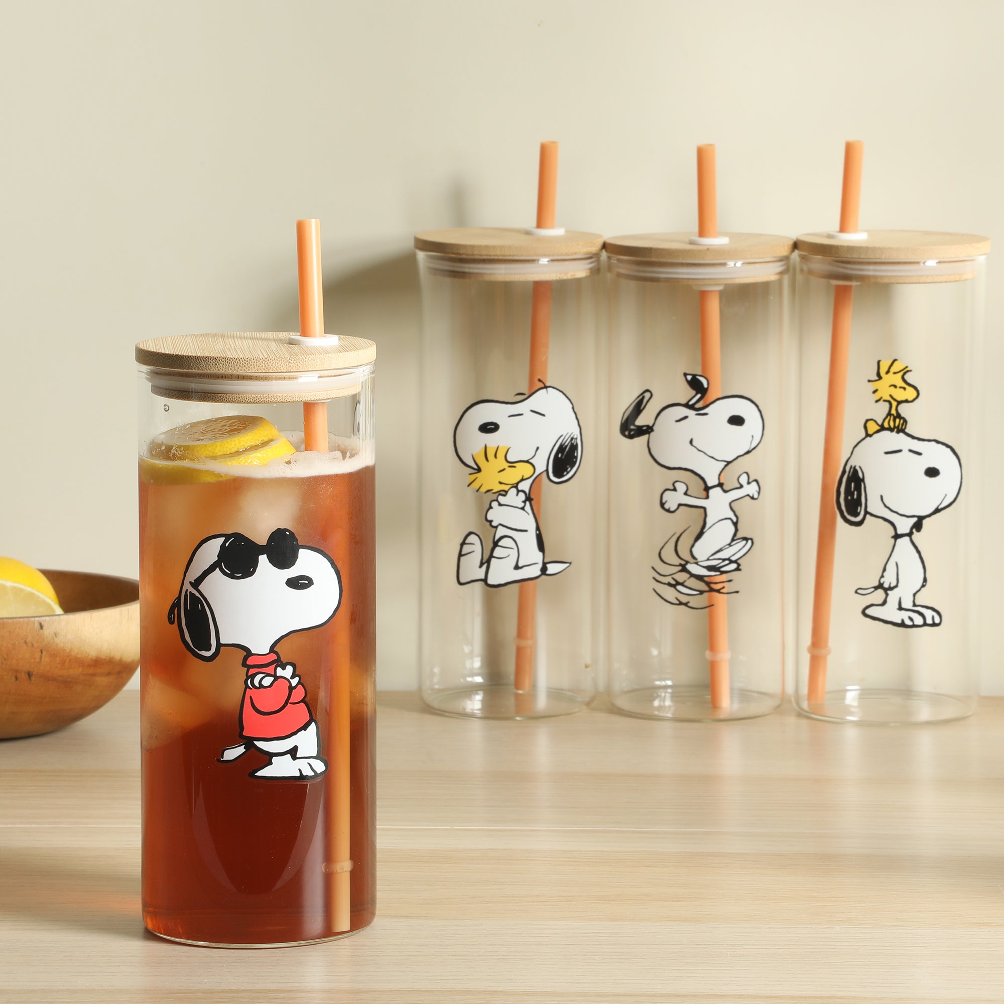 Peanuts Snoopy Happy Sips 4 Piece 23 OZ Tumbler Set with 4 Bamboo Lids and 4 Straws Set, Iced Coffe, Smoothie, Water Cup - Dishwasher Safe - Image 6