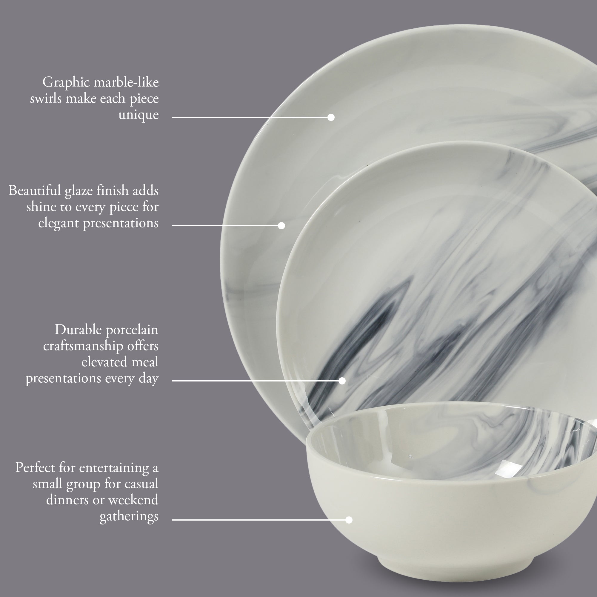 Gibson Home Cloudlight 12 Piece Plates and Bowls Dishes Brown and White - Decorated Porcelain Ceramic Dinnerware Set - Service for 4 - Image 10
