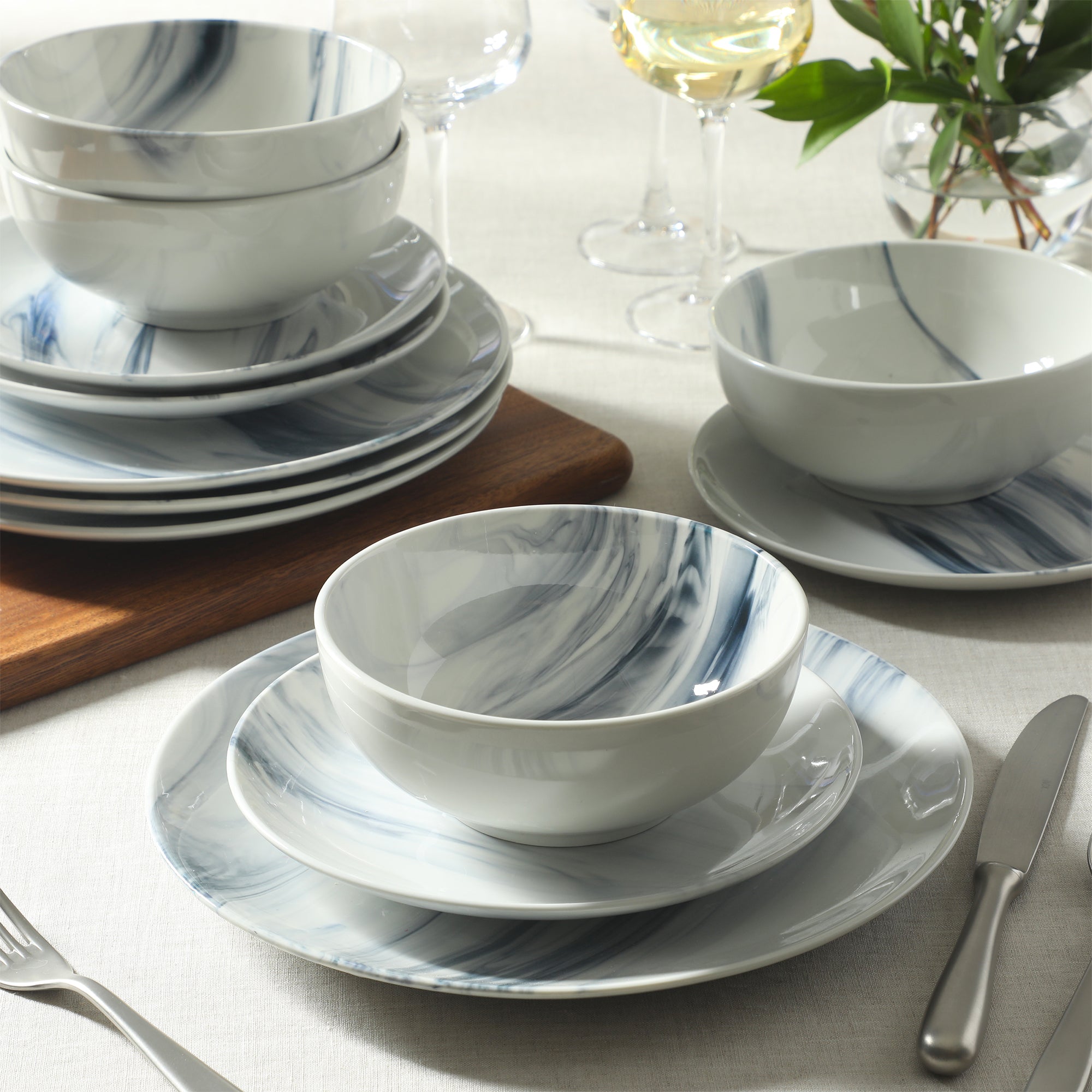 Gibson Home Cloudlight 12 Piece Plates and Bowls Dishes Brown and White - Decorated Porcelain Ceramic Dinnerware Set - Service for 4 - Image 13