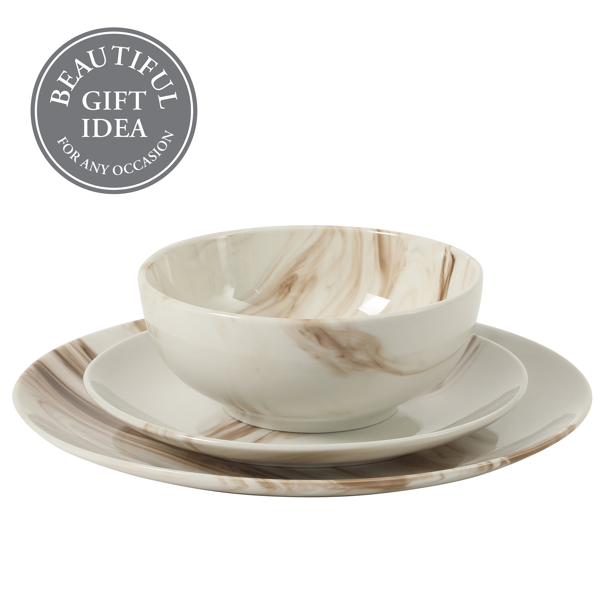 Gibson Home Cloudlight 12 Piece Plates and Bowls Dishes Brown and White - Decorated Porcelain Ceramic Dinnerware Set - Service for 4 - Image 4