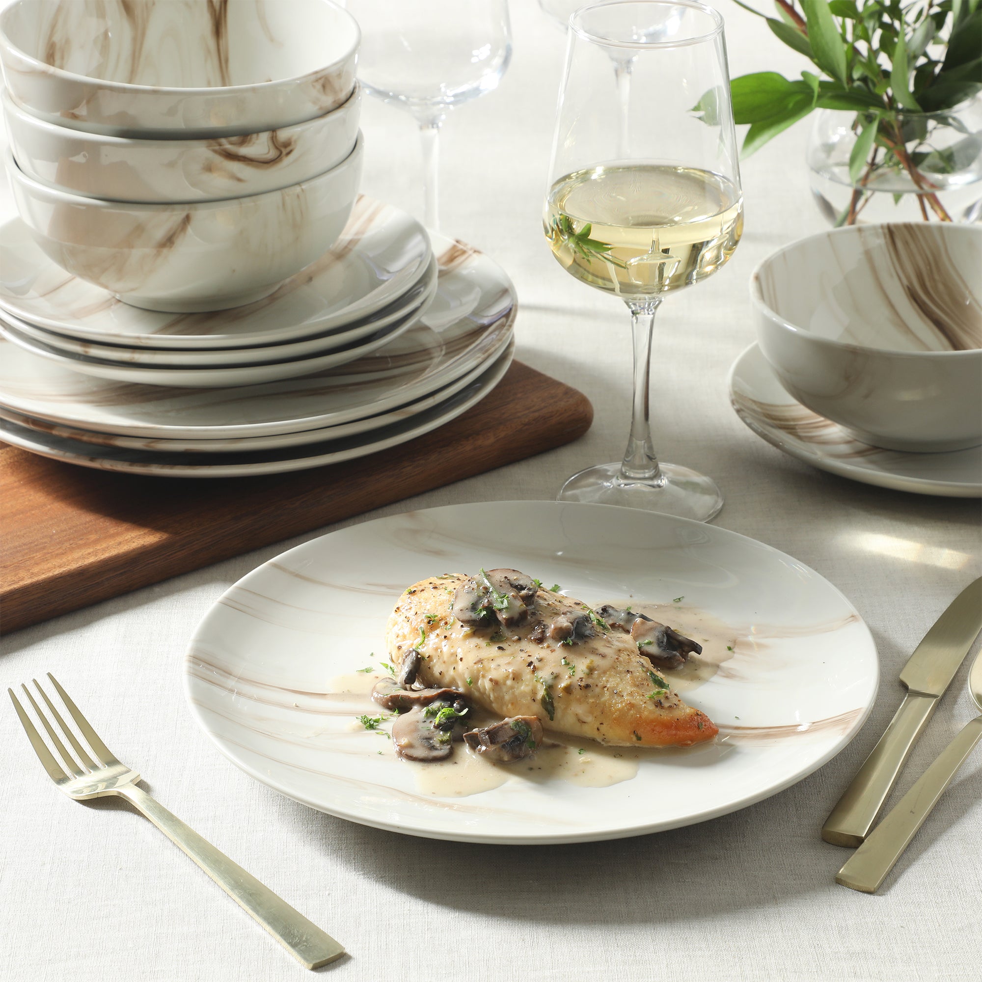 Gibson Home Cloudlight 12 Piece Plates and Bowls Dishes Brown and White - Decorated Porcelain Ceramic Dinnerware Set - Service for 4 - Image 5