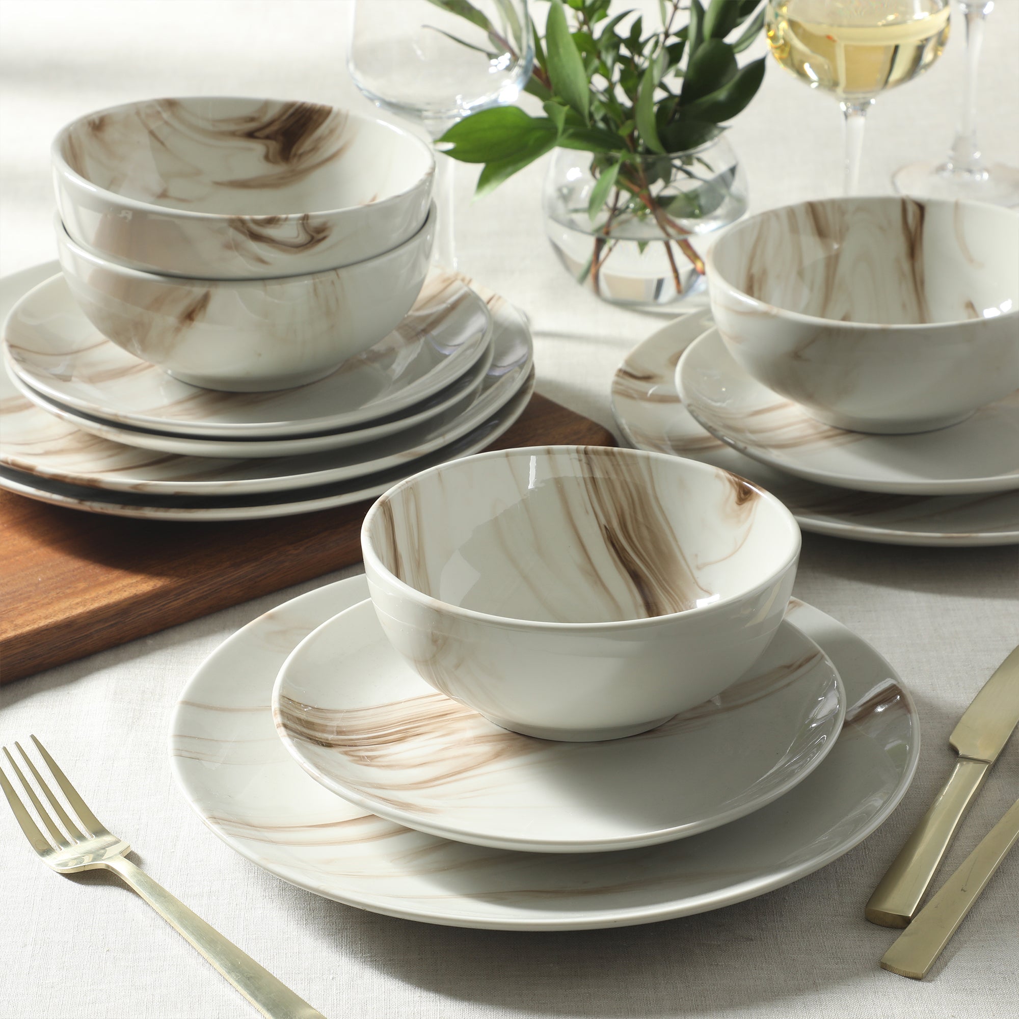 Gibson Home Cloudlight 12 Piece Plates and Bowls Dishes Brown and White - Decorated Porcelain Ceramic Dinnerware Set - Service for 4 - Image 6