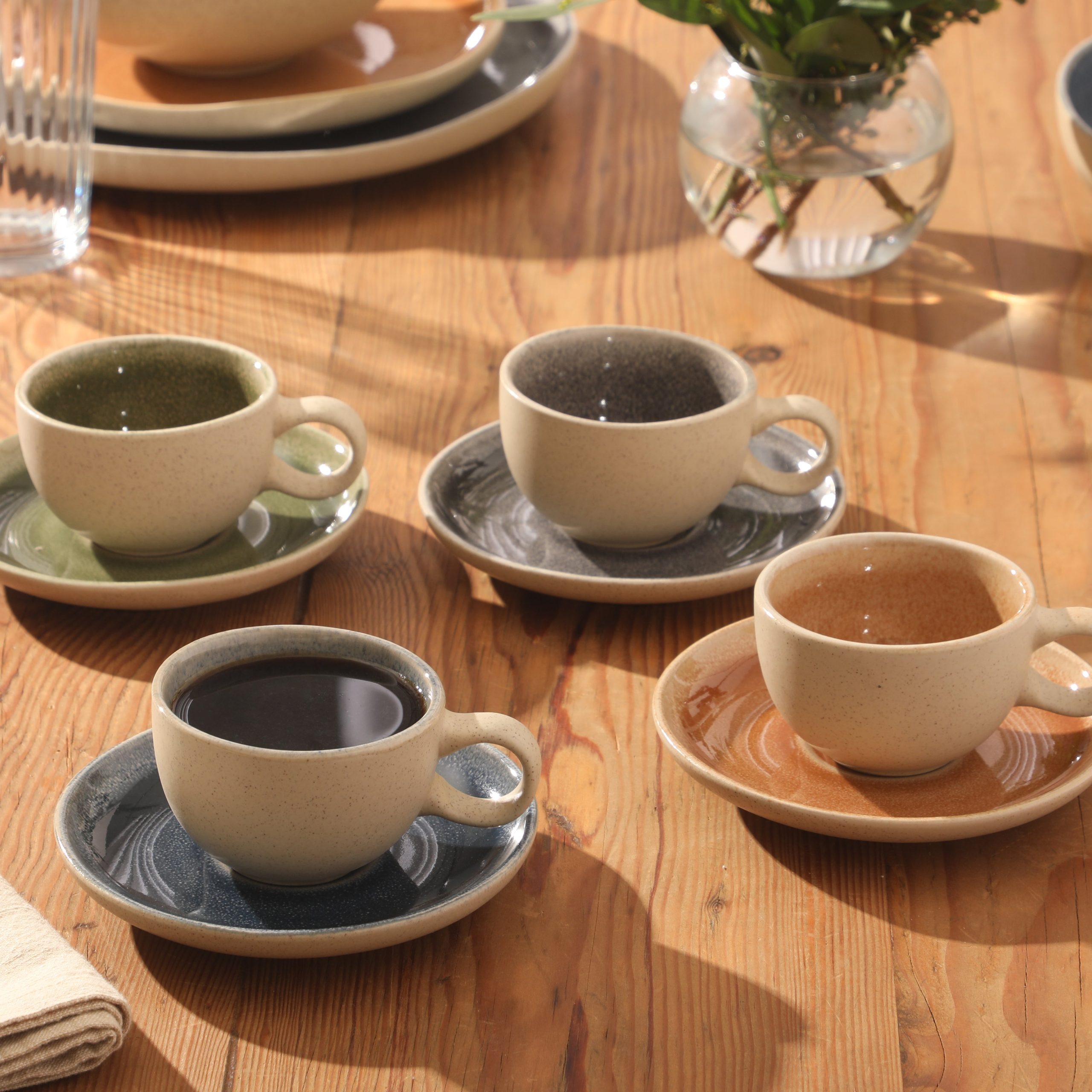 Gibson Elite Manila Bay 8-Piece Stoneware 5 oz Cup and Saucer Set, Reactive Glaze Espresso & Coffee Cups with Saucers, Assorted Colors - Image 2