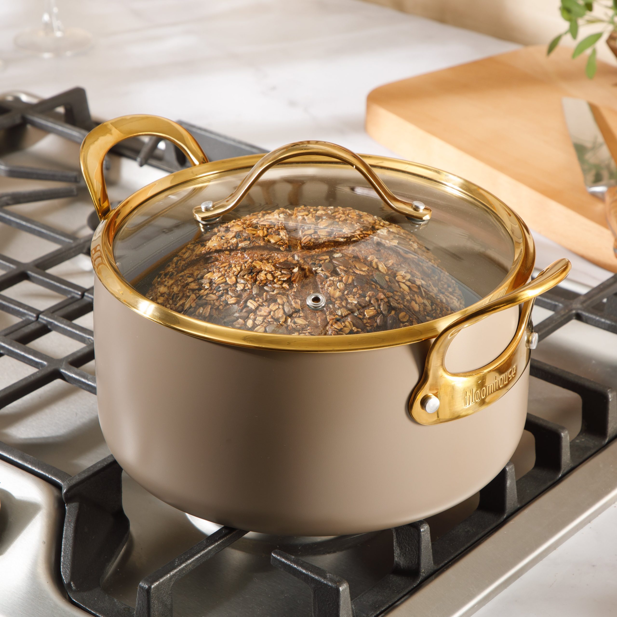 Bloomhouse 6 Quart Heavy Duty Aluminum Premium PFA Free Ceramic Nonstick Dutch Oven Pot with Lid - Linen White with Gold Handle - Image 10