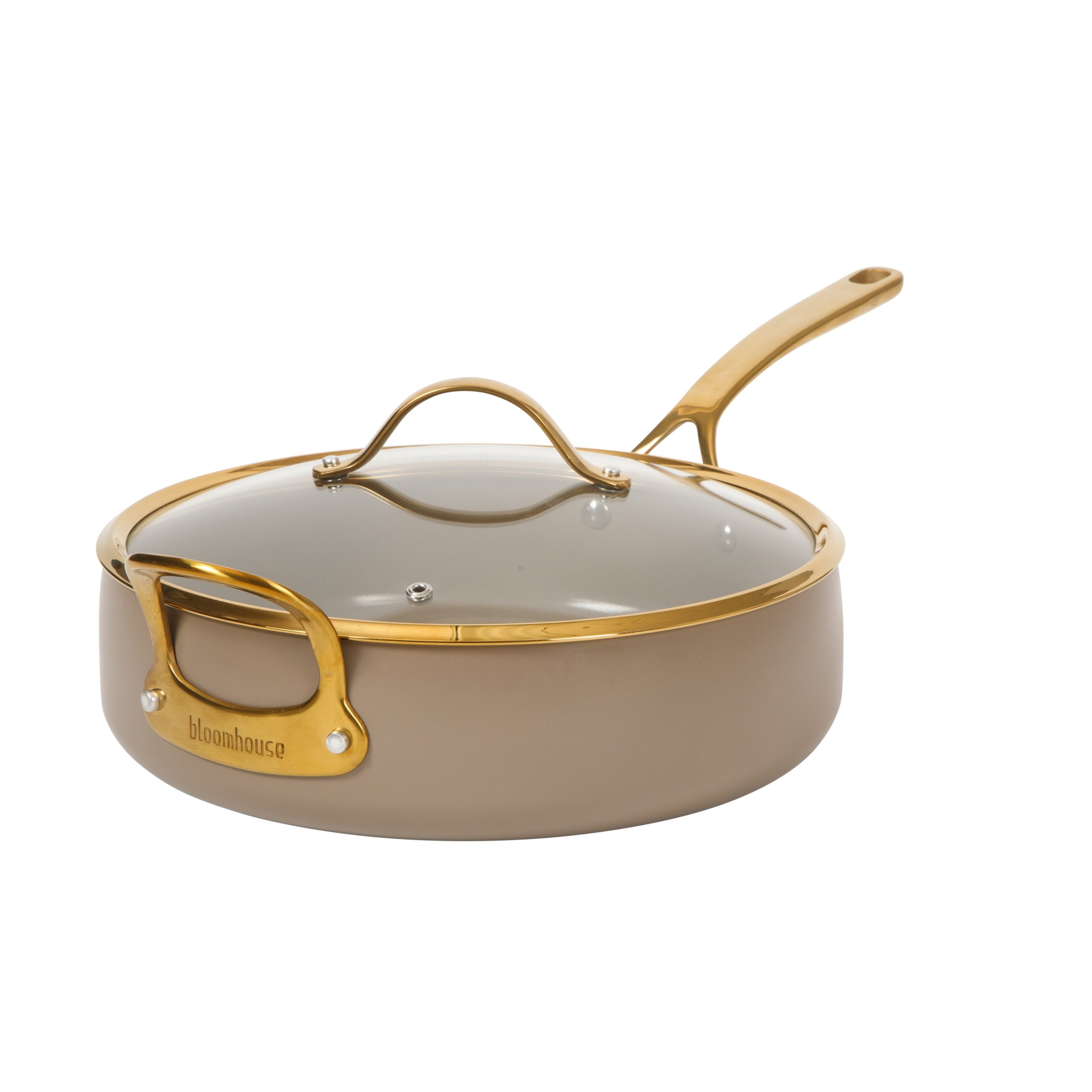 Bloomhouse 6 QT Heavy Duty Aluminum Premium PFA Free Ceramic Nonstick Saute/Deep Frying Pan Skillet with Lid - Linen White with Gold Handle - Image 9