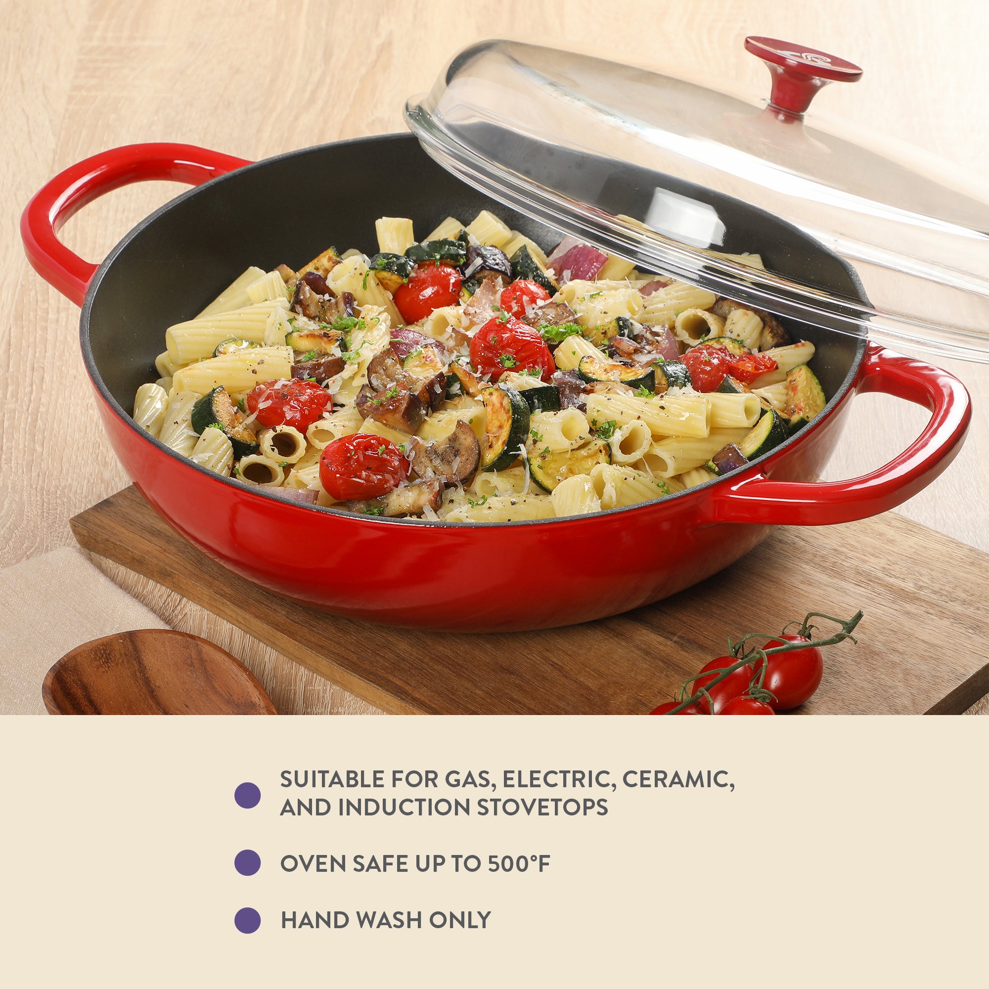 Crock-pot Artisan Studio Enameled Cast Iron Everyday Pan with Lid, 4.8 quarts, 12 inches, Borosilicate Glass Lid, Induction Base, Oven Safe, Red - Image 5