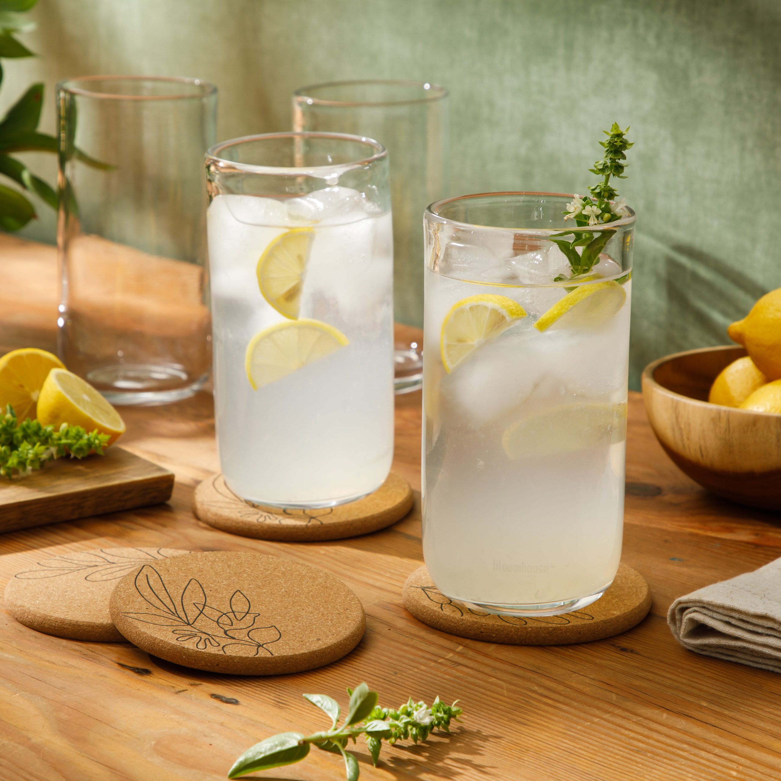 Bloomhouse Sayulita Spring 8 Piece Hand Made 21 OZ Jadeite Clear Glass Tumbler Set W/ Coasters - Image 5