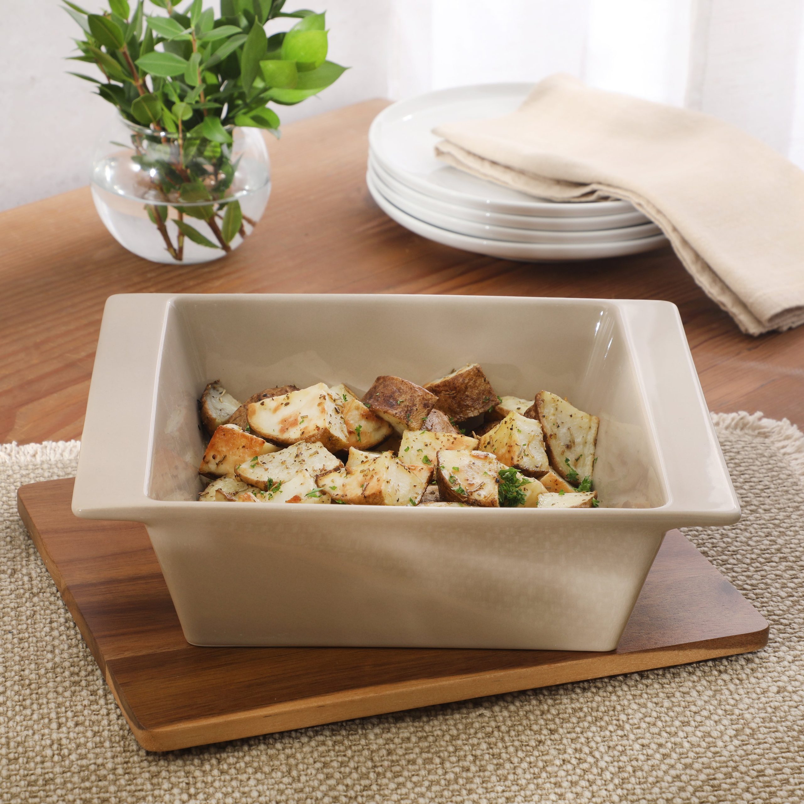 Gibson Elite 2-Quart 10" x 8.5" Stoneware Baking Dish with Acacia Wood Lid – Taupe Rectangular Oven Safe Baker for Casseroles, Roasting & Serving - Image 3