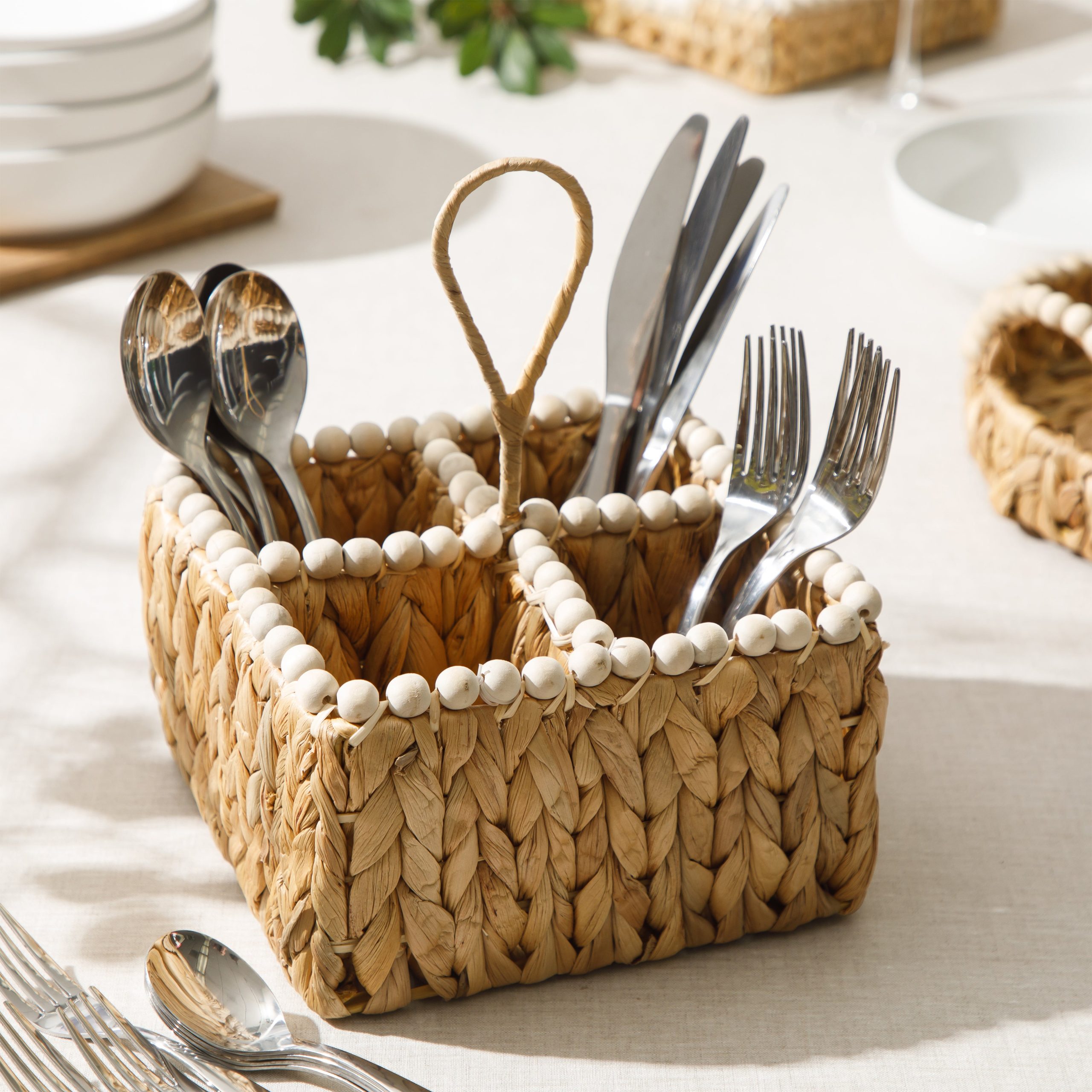 Gibson Home Riverrun Grove Woven Utensil Caddy with 4 Compartments, Natural Hand-Braided Water Hyacinth Basket with Wood-Bead Trim for Napkins, Cutlery, Condiments & Tabletop Storage - Image 2