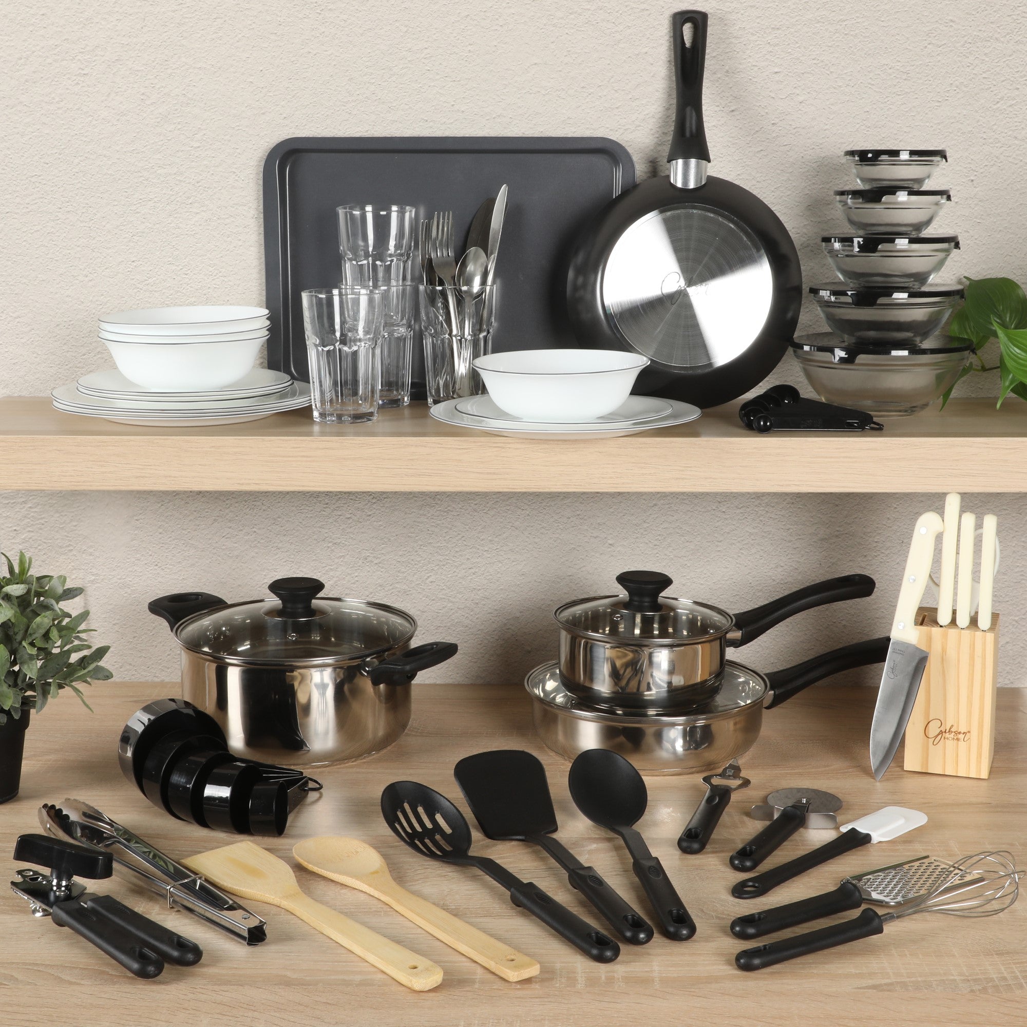 Gibson Home 74 Piece Kitchen in a Box Pots and Pans Cookware, Plates and Bowls Dinnerware, Cutlery Knife Block, Flatware Utensils, Kitchen Tools & Gadgets, Kitchen Storage, Glasses Set - Image 11