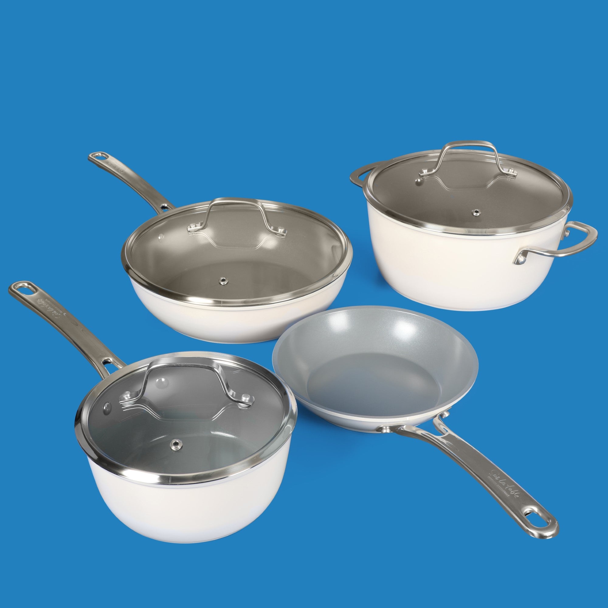 Sur La Table Kitchen Essentials Viva La Cantina 10 Piece PFA Free Titanium Ceramic Nonstick Interior Forged Aluminum Cookware Pots and Pans Set - 2 Tone White & Silver - Induction Compatible - Image 9
