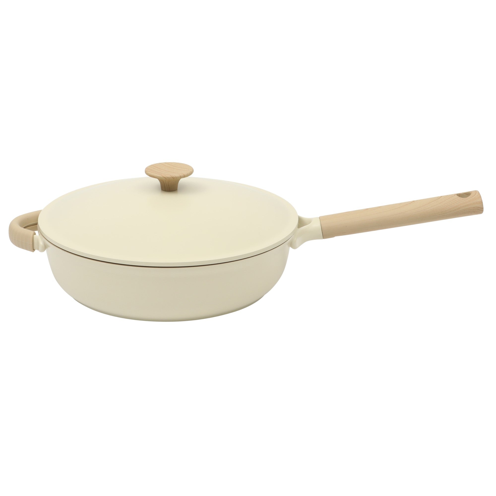 Gibson Elite Folkstone 13 Piece Pots and Pans Durable Cast Aluminum PFA Free Non stick Ceramic Coating Cookware Set W/ Kitchen Tongs, Tools, and Protective Felts - Induction Safe - Linen White W/ Wood Handle - Image 2