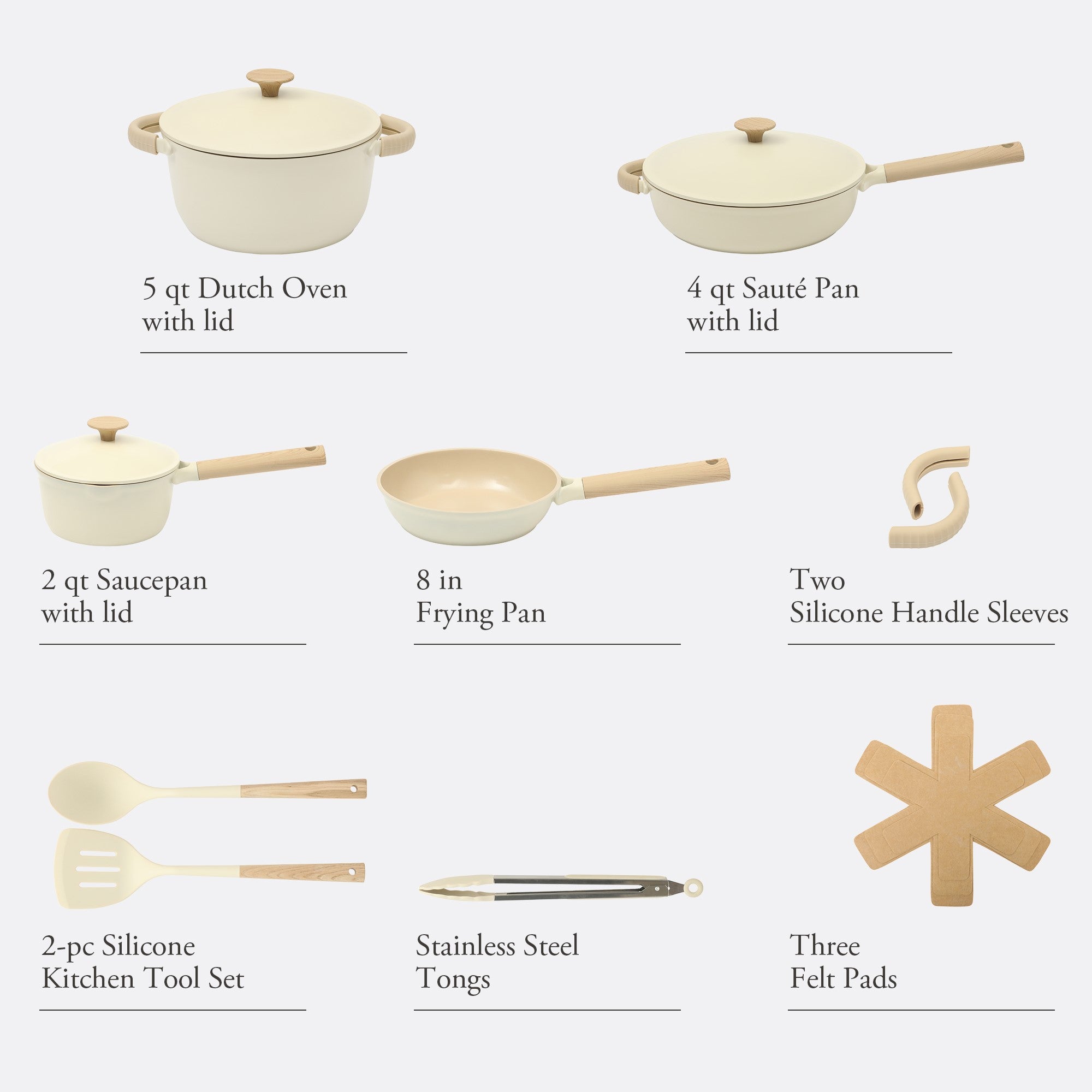 Gibson Elite Folkstone 13 Piece Pots and Pans Durable Cast Aluminum PFA Free Non stick Ceramic Coating Cookware Set W/ Kitchen Tongs, Tools, and Protective Felts - Induction Safe - Linen White W/ Wood Handle - Image 12