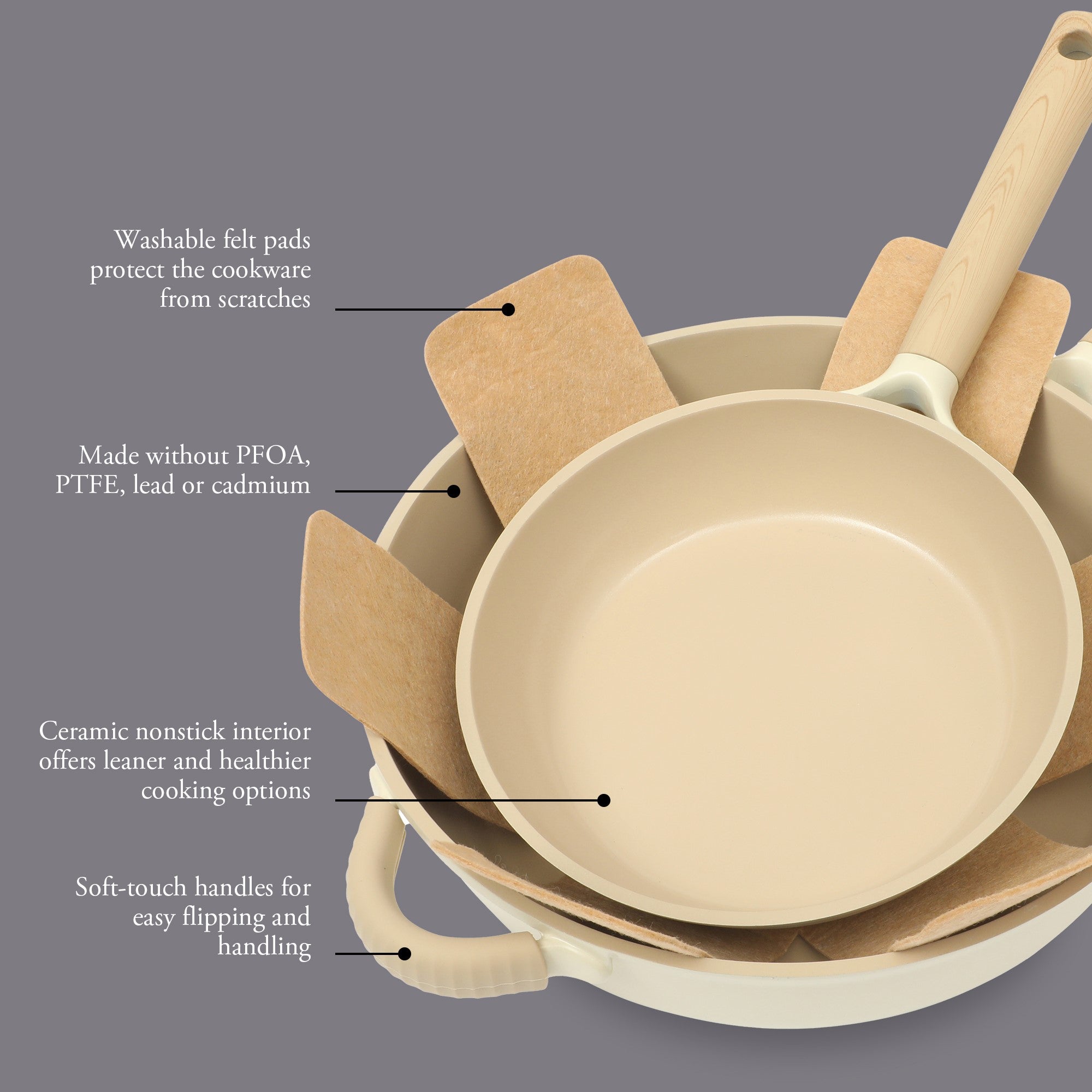 Gibson Elite Folkstone 13 Piece Pots and Pans Durable Cast Aluminum PFA Free Non stick Ceramic Coating Cookware Set W/ Kitchen Tongs, Tools, and Protective Felts - Induction Safe - Linen White W/ Wood Handle - Image 14