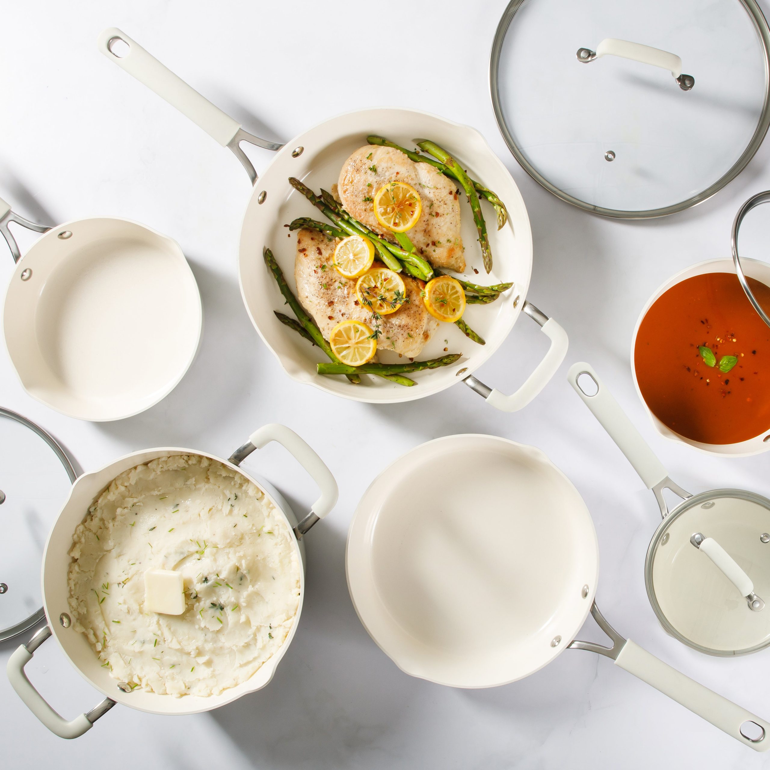 Martha Stewart Heathland Premium Nonstick PFA Free Ceramic Interior 10-Piece Tapered Aluminum Cookware Set - Linen White - Image 3