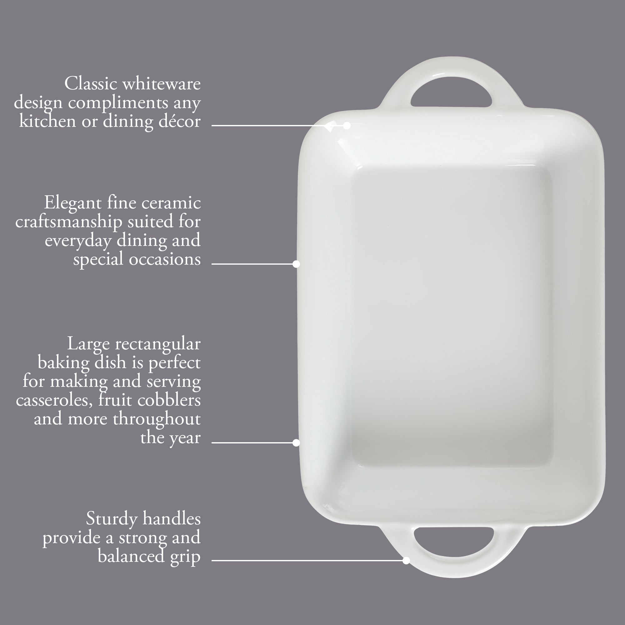 Gibson Home Gracious Dining 2.5-Quart White Stoneware Baking Dish with Handles – 14.6 x 8.5-Inch Rectangular Oven Safe Casserole & Roasting Baker - Image 4