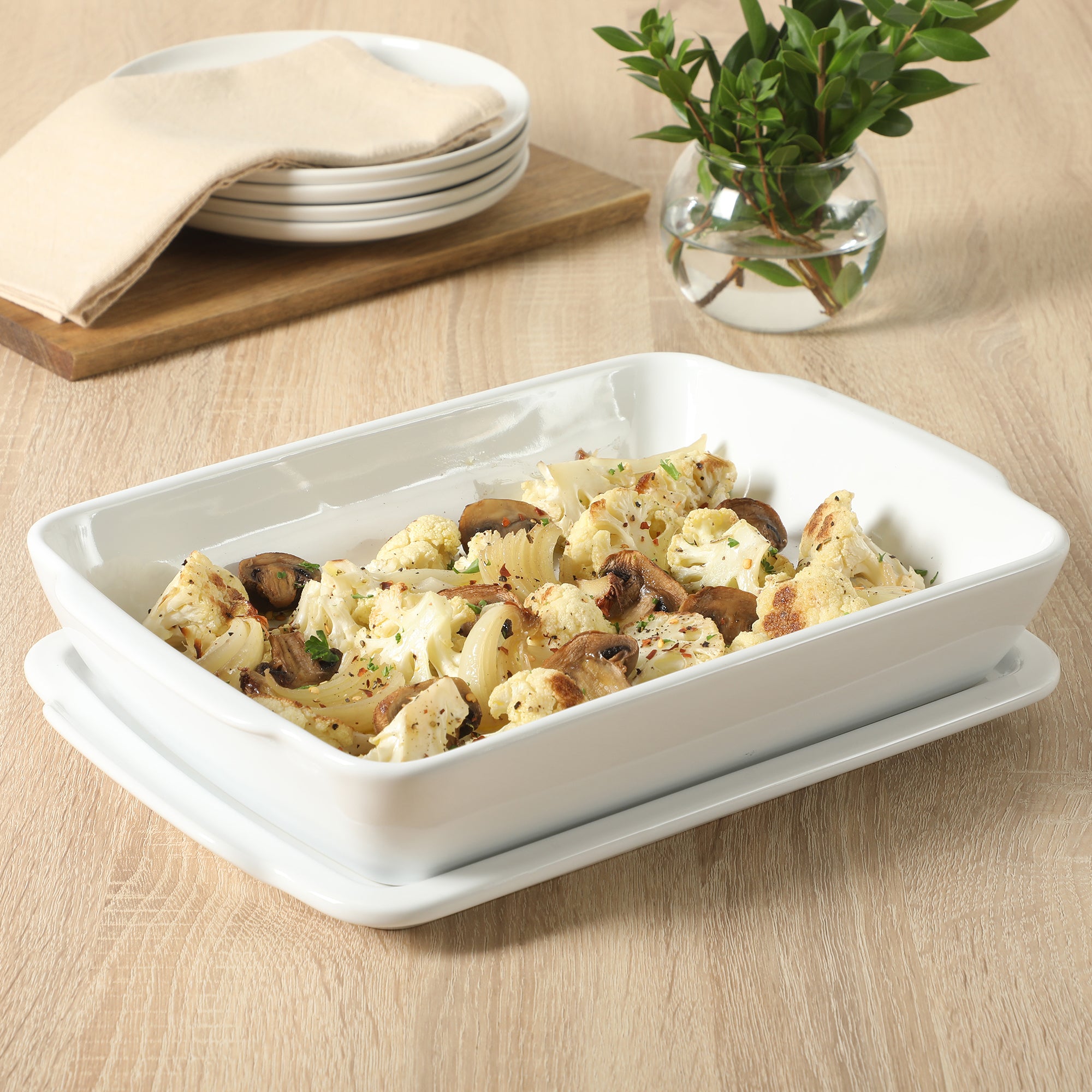Gibson Home Gracious Dining 2.6-Quart White Stoneware Covered Baking Dish with Multi-Purpose Lid – 12.7 x 9-Inch Rectangular Oven Safe Casserole, Lasagna & Roasting Baker, Lid Doubles as Serveware or Trivet - Image 2