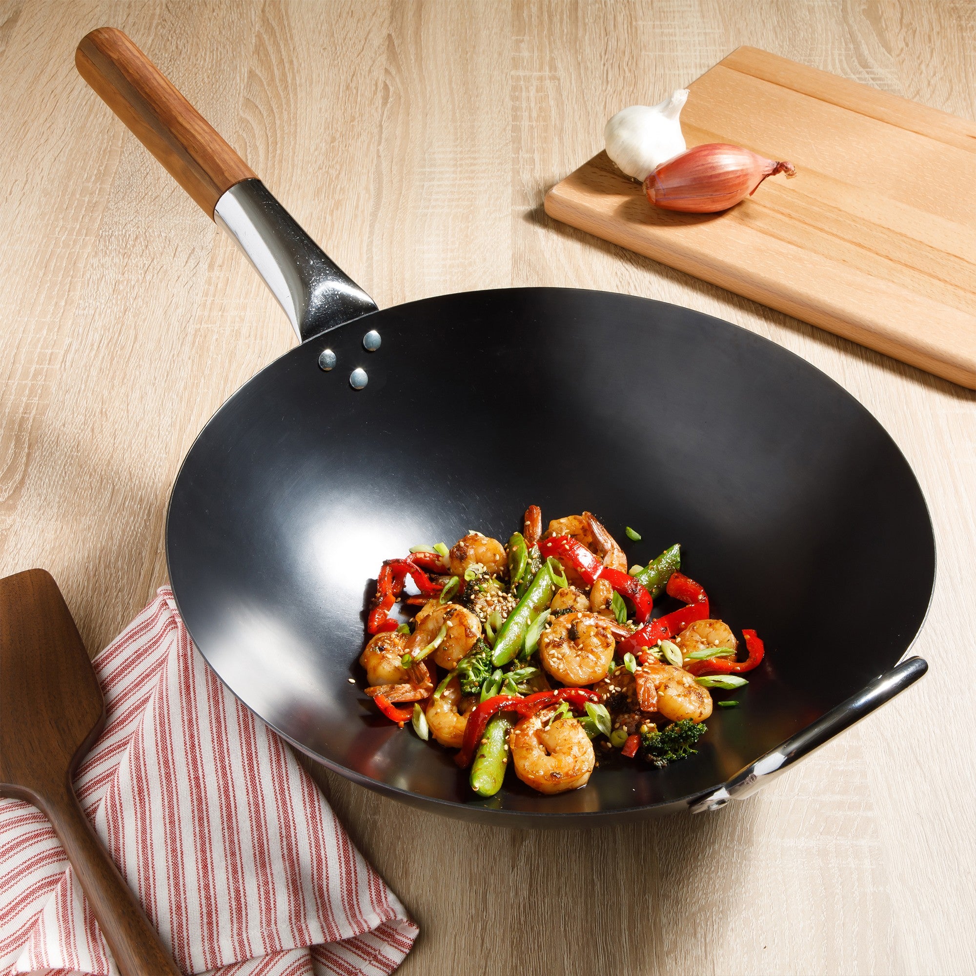 Sur La Table Kitchen Essentials Quick Fire Carbon Steel 13.5" Flat Bottom Wok - Image 2