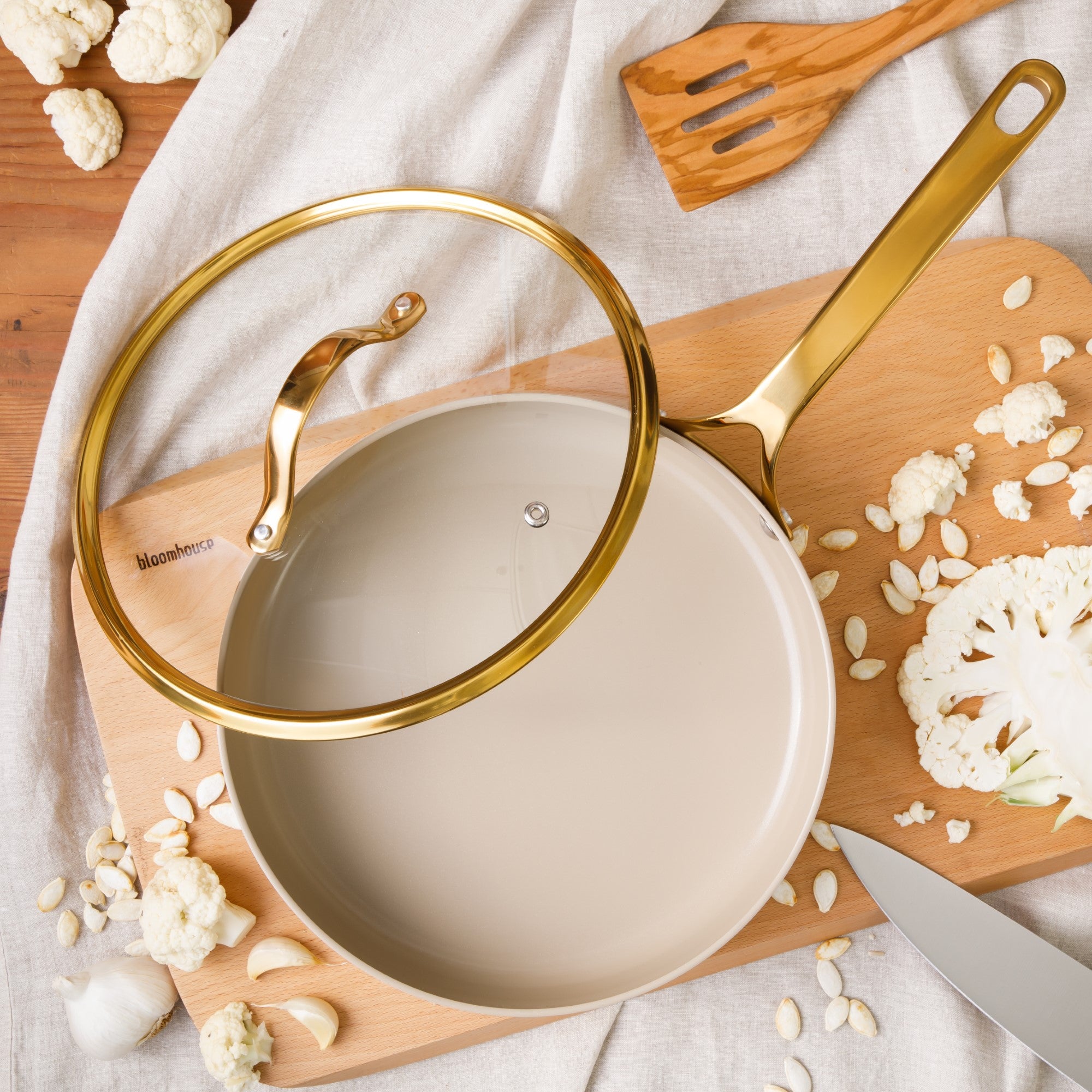 Bloomhouse 10 Inch Heavy Duty Aluminum Premium PFA Free Ceramic Nonstick Saute/Deep Frying Pan Skillet with Lid - Linen White with Gold Handle - Image 6