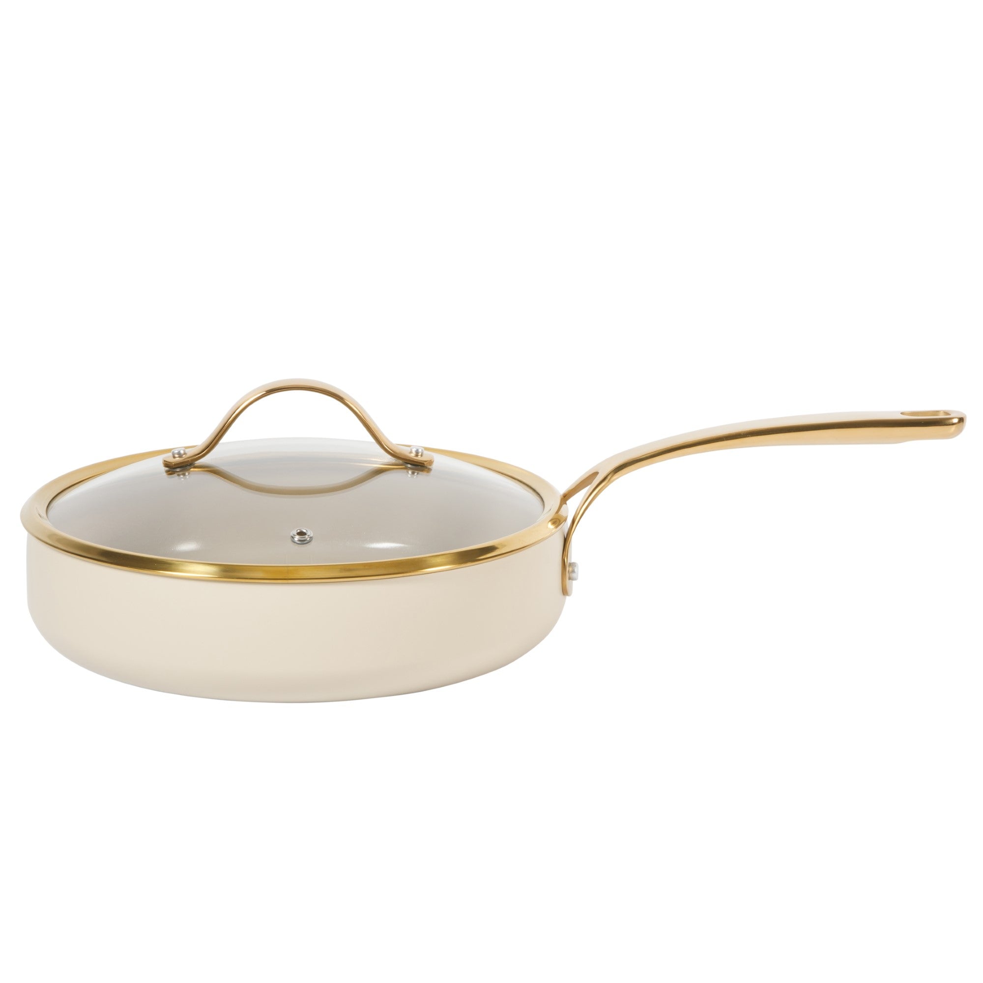 Bloomhouse 10 Inch Heavy Duty Aluminum Premium PFA Free Ceramic Nonstick Saute/Deep Frying Pan Skillet with Lid - Linen White with Gold Handle - Image 7