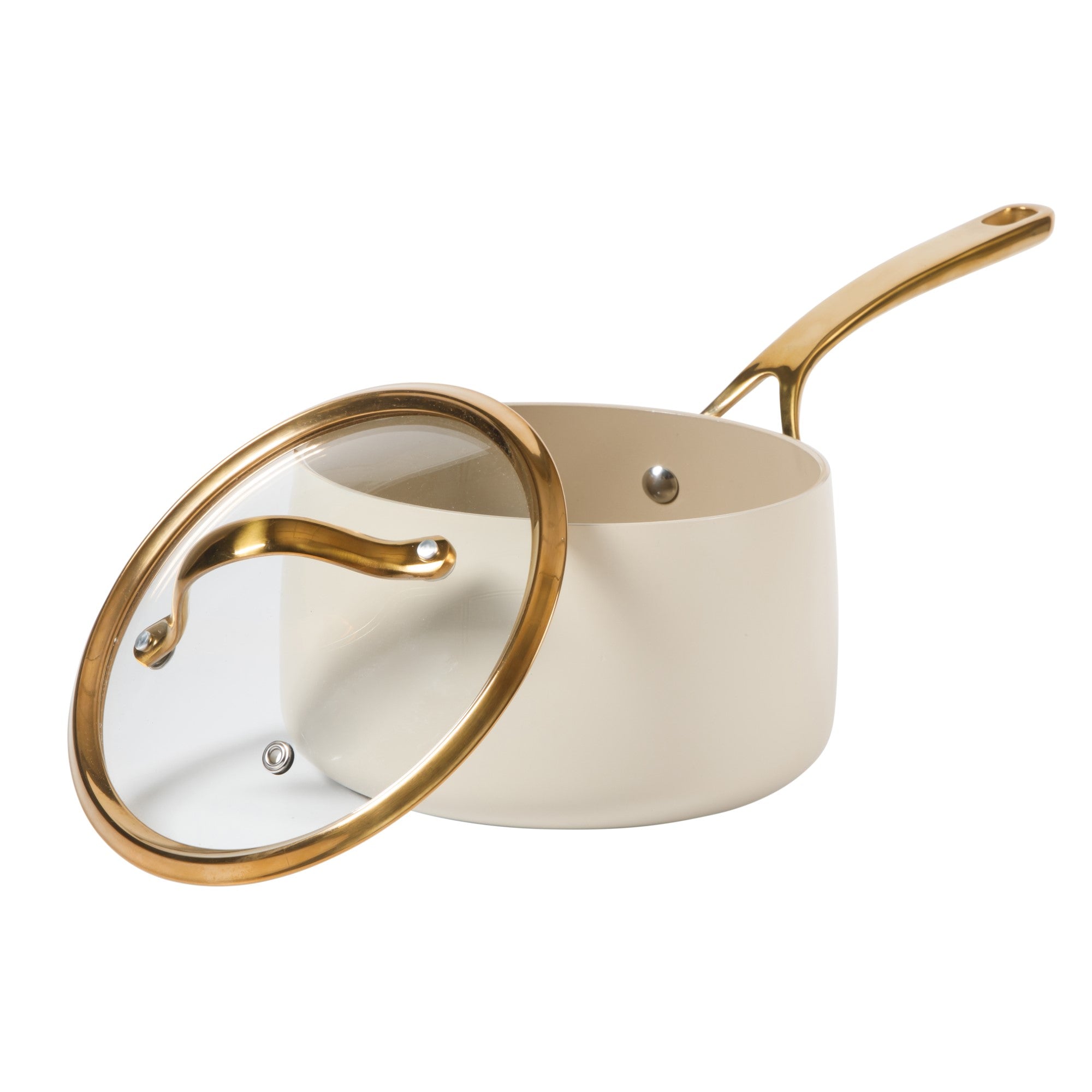Bloomhouse 3 Quart Heavy Duty Aluminum Premium PFA Free Ceramic Nonstick Saucepan with Lid - Linen White with Gold Handle - Image 2