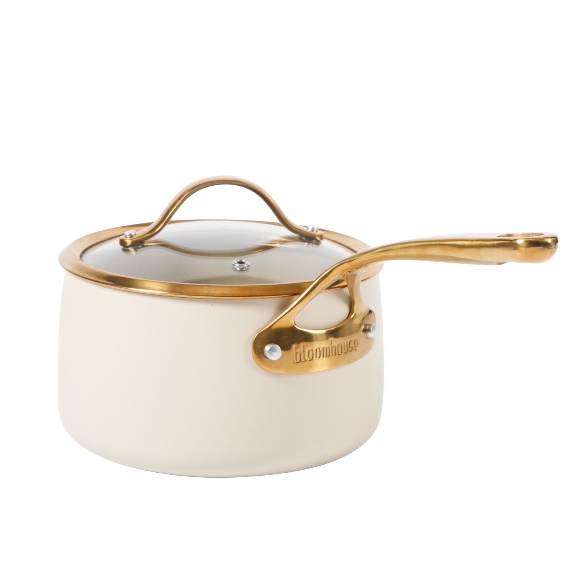 Bloomhouse 3 Quart Heavy Duty Aluminum Premium PFA Free Ceramic Nonstick Saucepan with Lid - Linen White with Gold Handle - Image 3