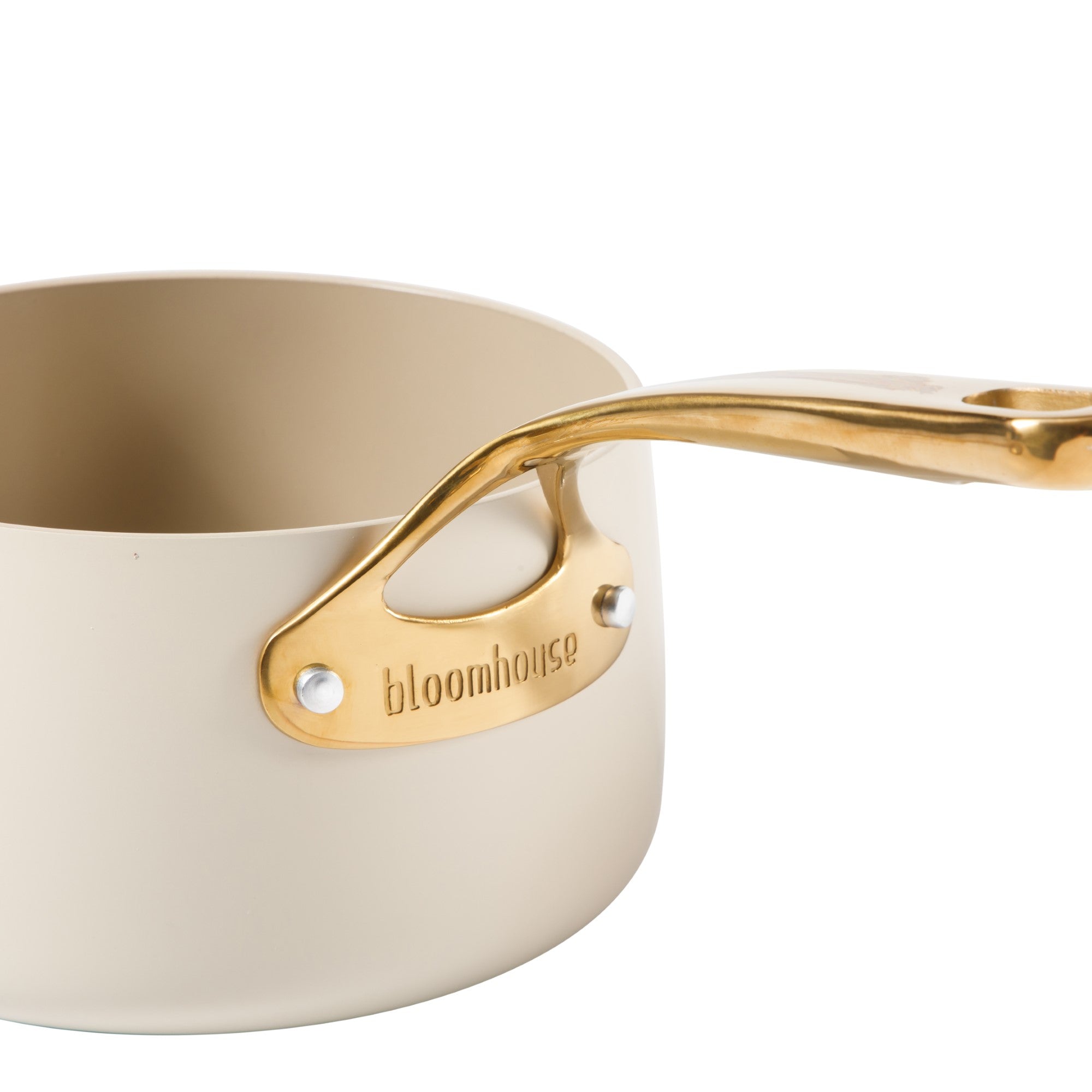 Bloomhouse 3 Quart Heavy Duty Aluminum Premium PFA Free Ceramic Nonstick Saucepan with Lid - Linen White with Gold Handle - Image 4