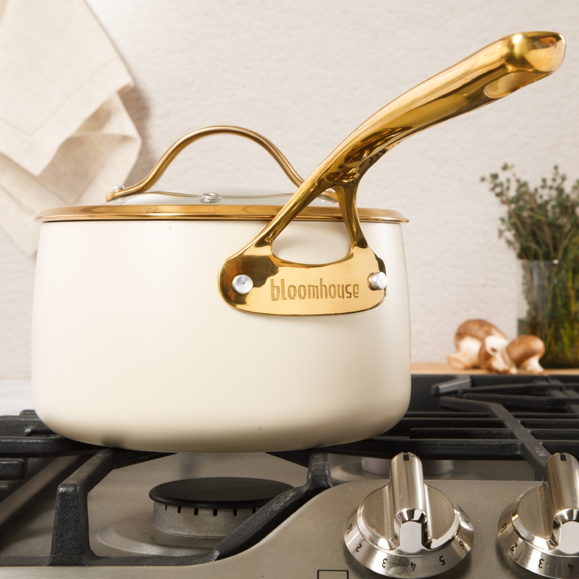 Bloomhouse 3 Quart Heavy Duty Aluminum Premium PFA Free Ceramic Nonstick Saucepan with Lid - Linen White with Gold Handle - Image 8