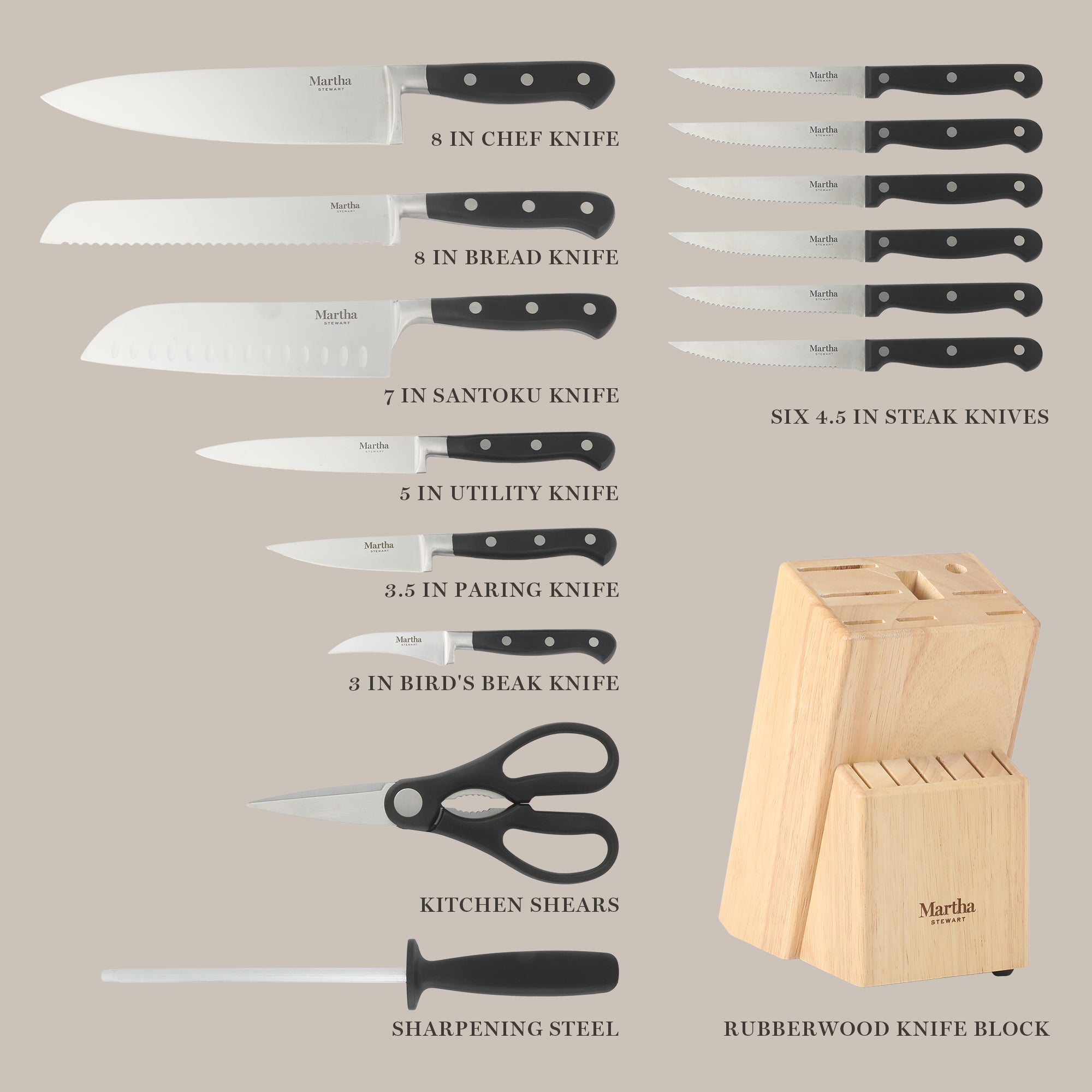 Martha Stewart Carverton 14 Piece High Carbon Stainless Steel Cutlery Kitchen Knife Block Set w/ABS Triple Riveted Forged Handle Wood Block - Black - Image 3