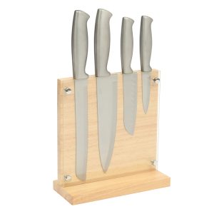 Oster Baldwyn 5-Piece Stainless Steel Knife Block Set with Wood Magnetic Stand – Countertop Display & Knife-Safe Storage