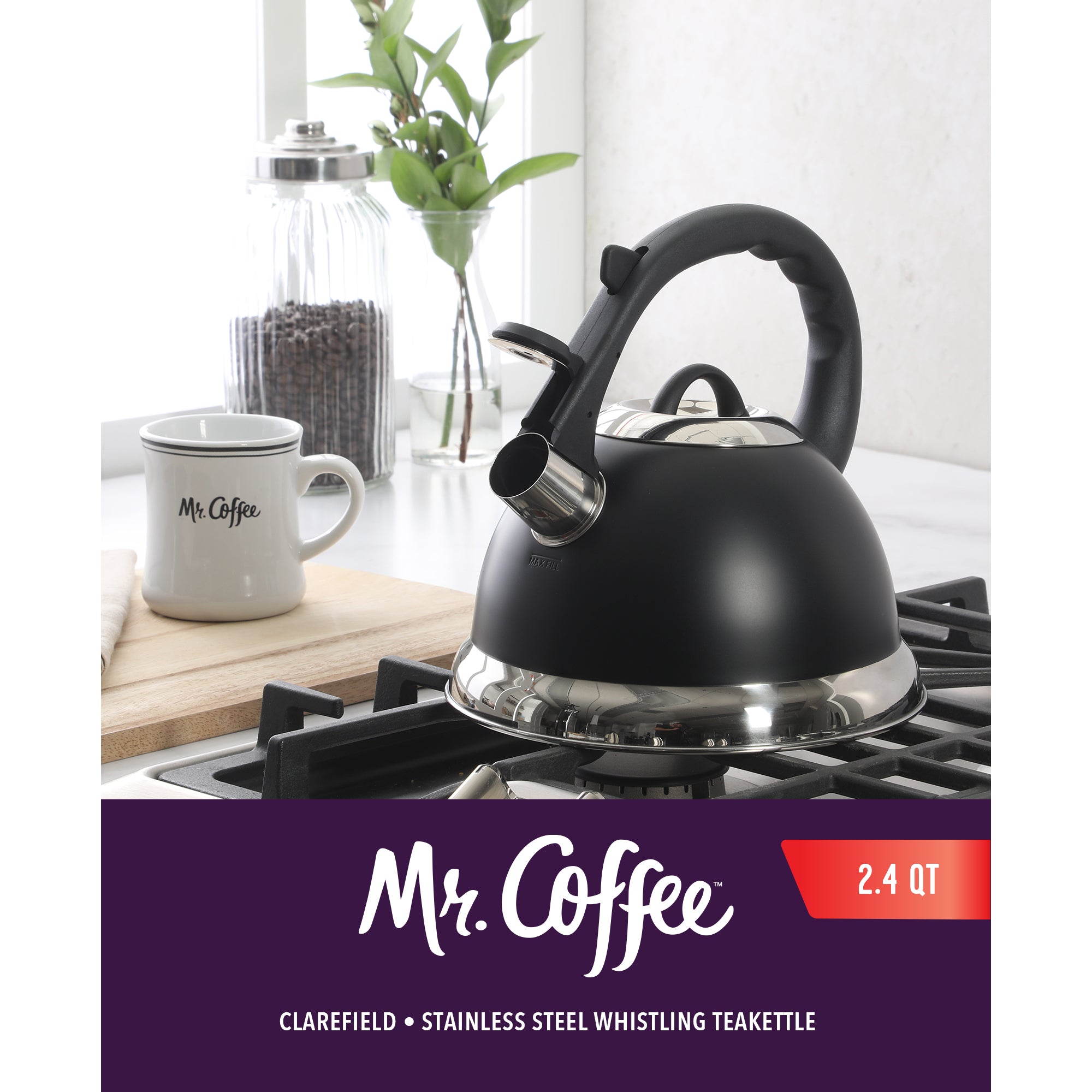 Mr. Coffee Clarefield 2.4 Quart Whistling Tea Kettle – Stovetop Water Kettle with Lid, Heat-Resistant Nylon Handle and Knob, Stainless Steel Trim - Image 2