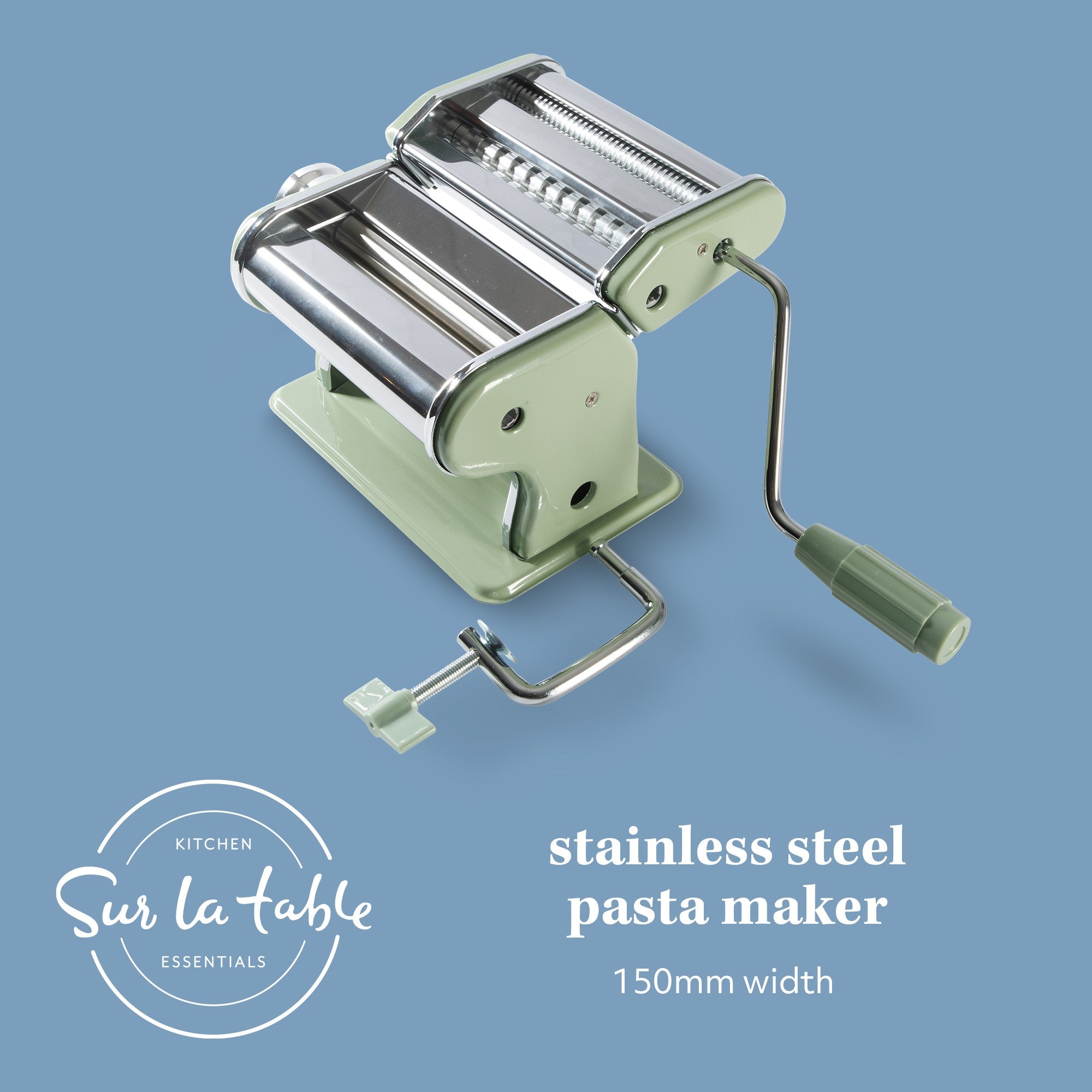 Sur La Table Kitchen Essential Va Bene Manual Pasta Maker Machine, Noodle Maker with Rollers and Cutters, Perfect for Spaghetti, Fettuccini, Lasagna or Dumpling Skin Silver, Stainless Steel/Juniper Green - Image 7