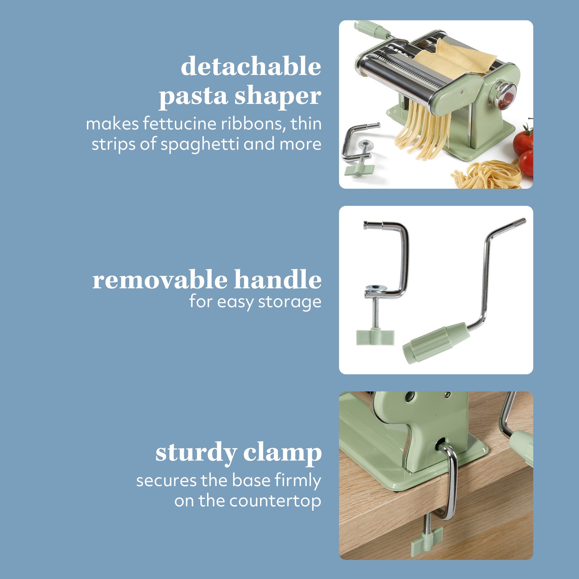 Sur La Table Kitchen Essential Va Bene Manual Pasta Maker Machine, Noodle Maker with Rollers and Cutters, Perfect for Spaghetti, Fettuccini, Lasagna or Dumpling Skin Silver, Stainless Steel/Juniper Green - Image 8